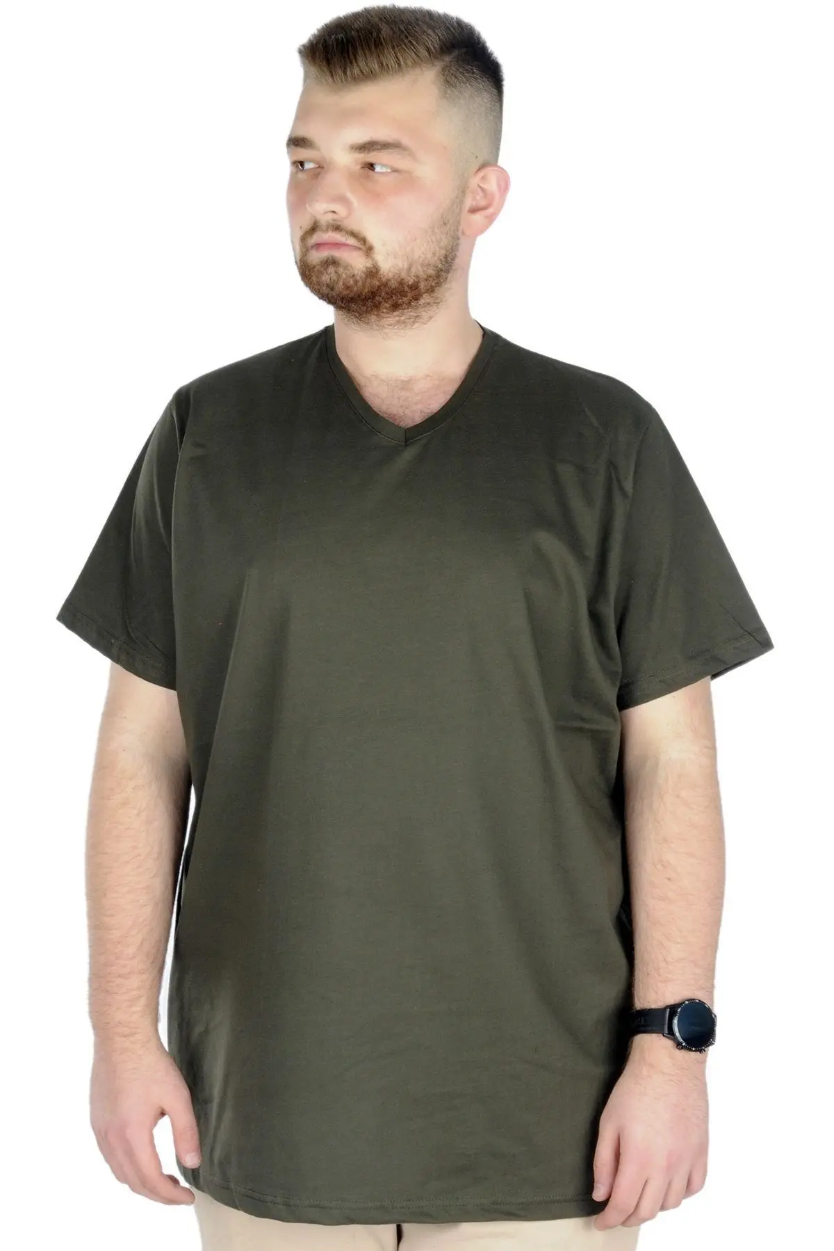Mode Xl Büyük Beden Tshirt V Yaka 20032 Haki