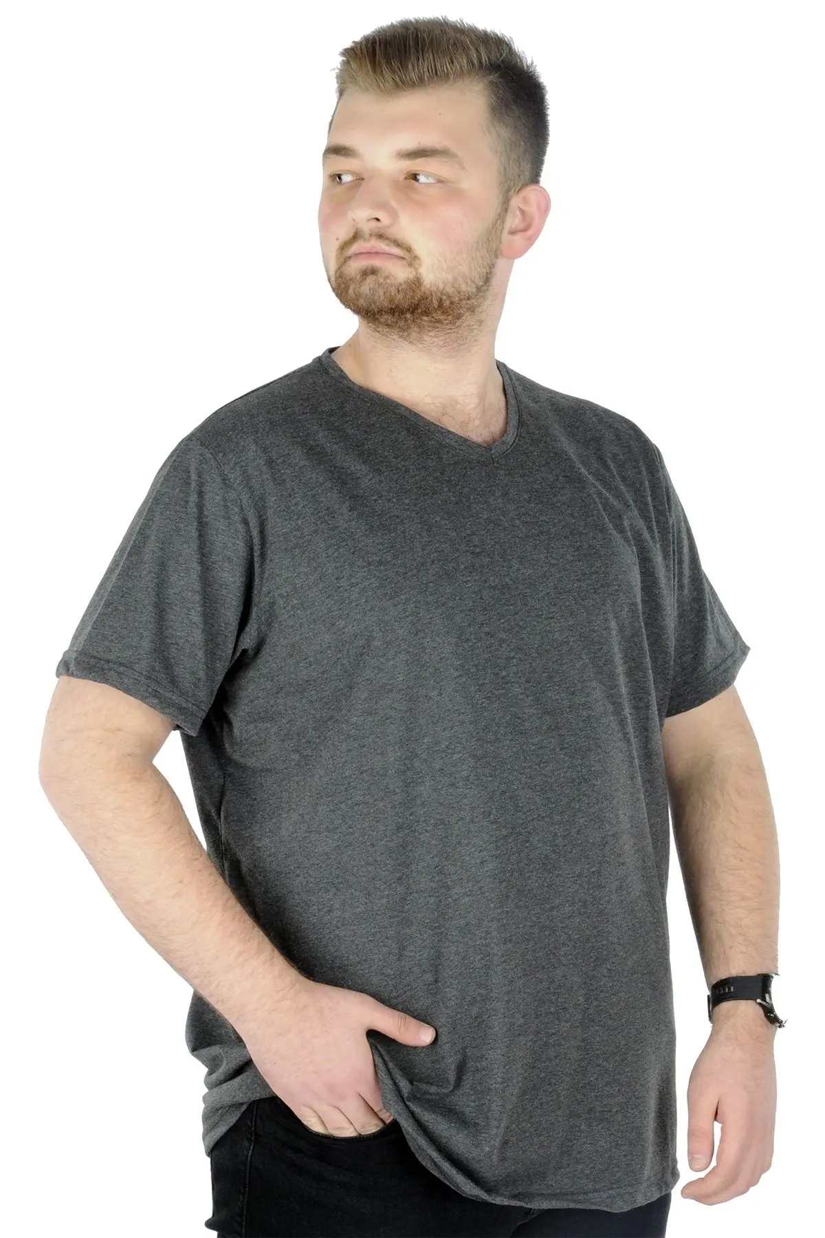 Mode Xl Büyük Beden Tshirt V Yaka 20032 Antrasit