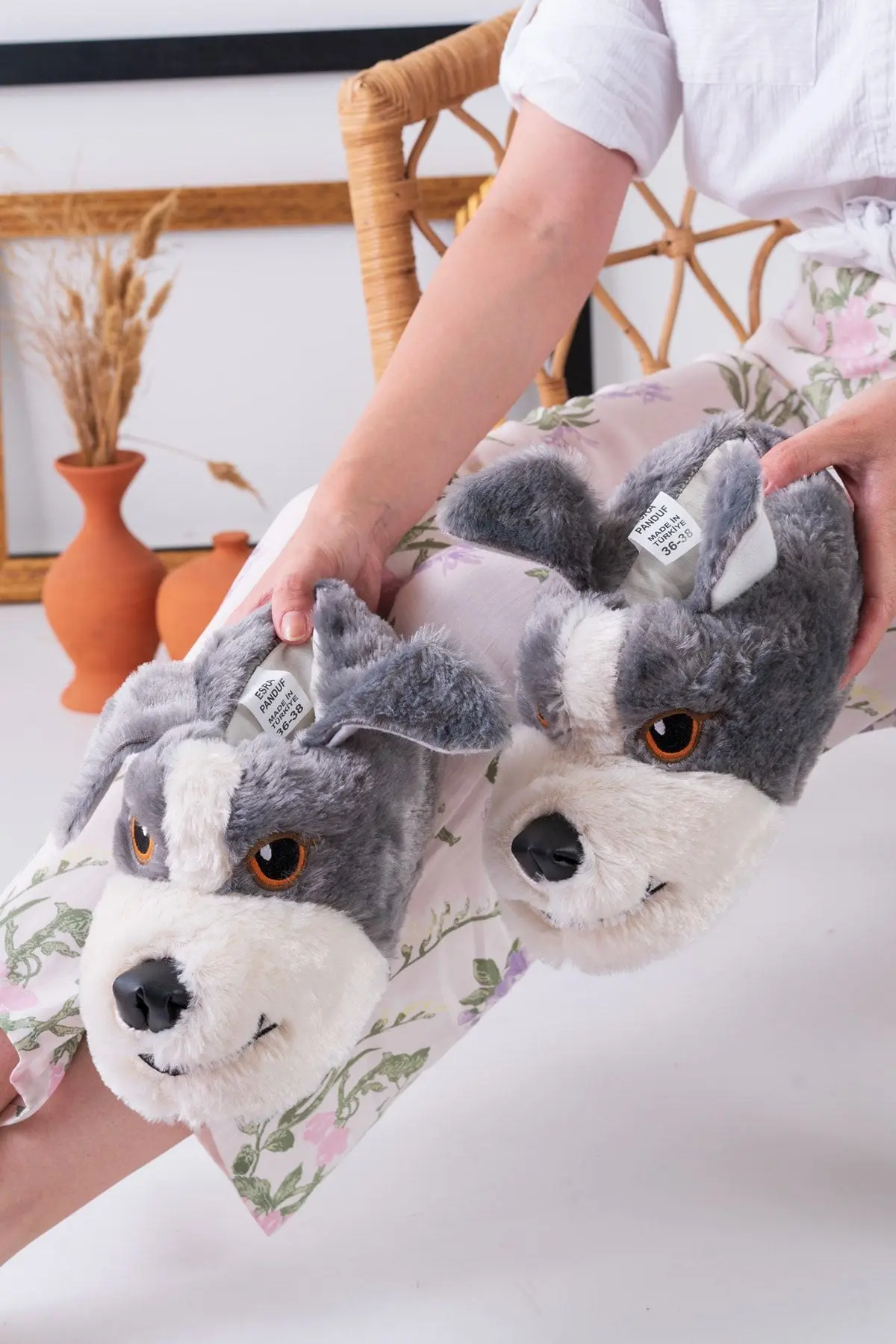 Slipcat Köpek Figürlü Gri Peluş Panduf Ev Pandufu Unisex