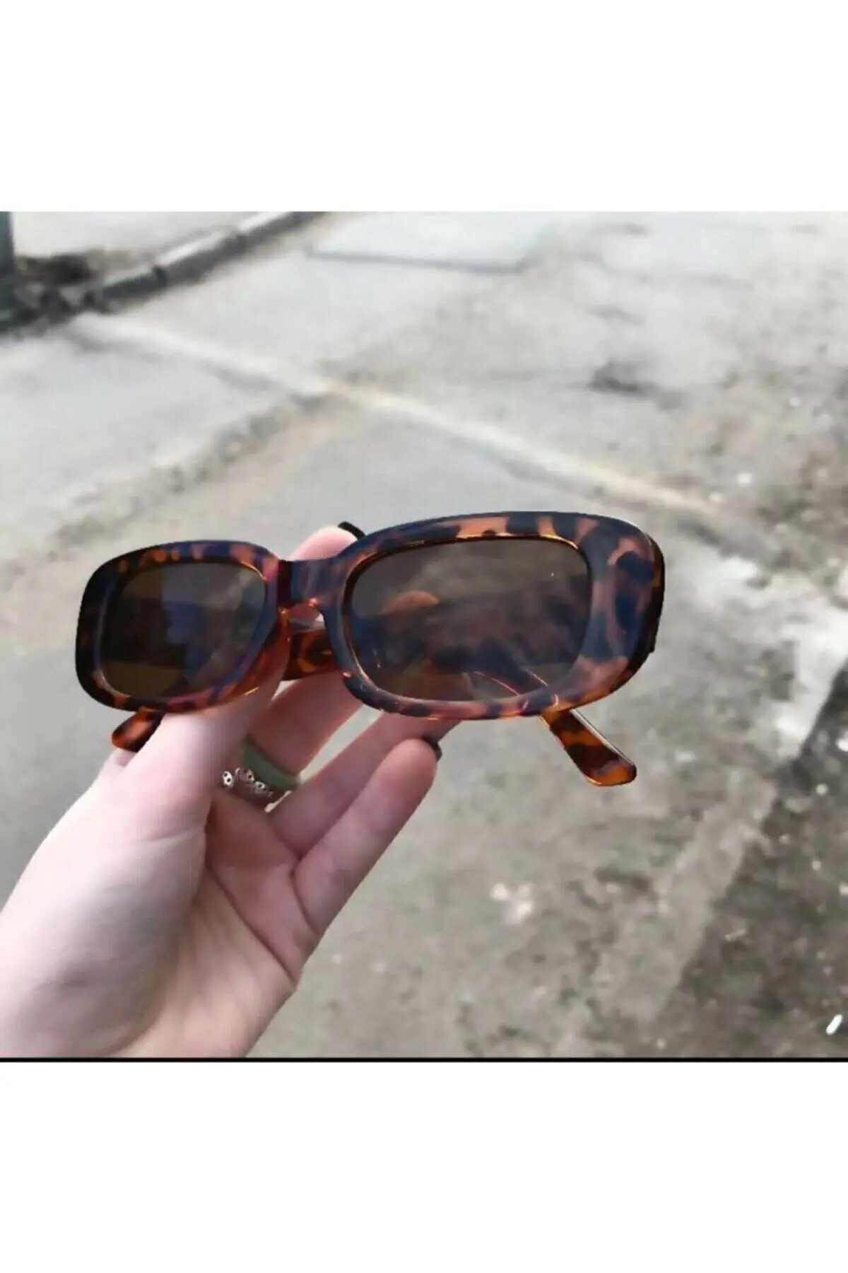 Unisex Kahverengi Leopar Dikdörtgen Vintage Retro Güneş Gözlüğü