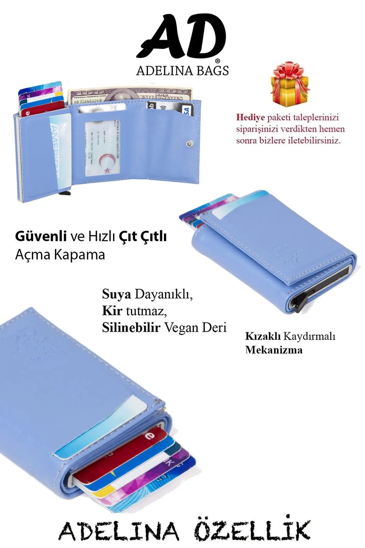 Adelina Bebe Mavisi Nova Deri Mekanizmalı Otomatik Kızaklı Kartlık Cüzdan