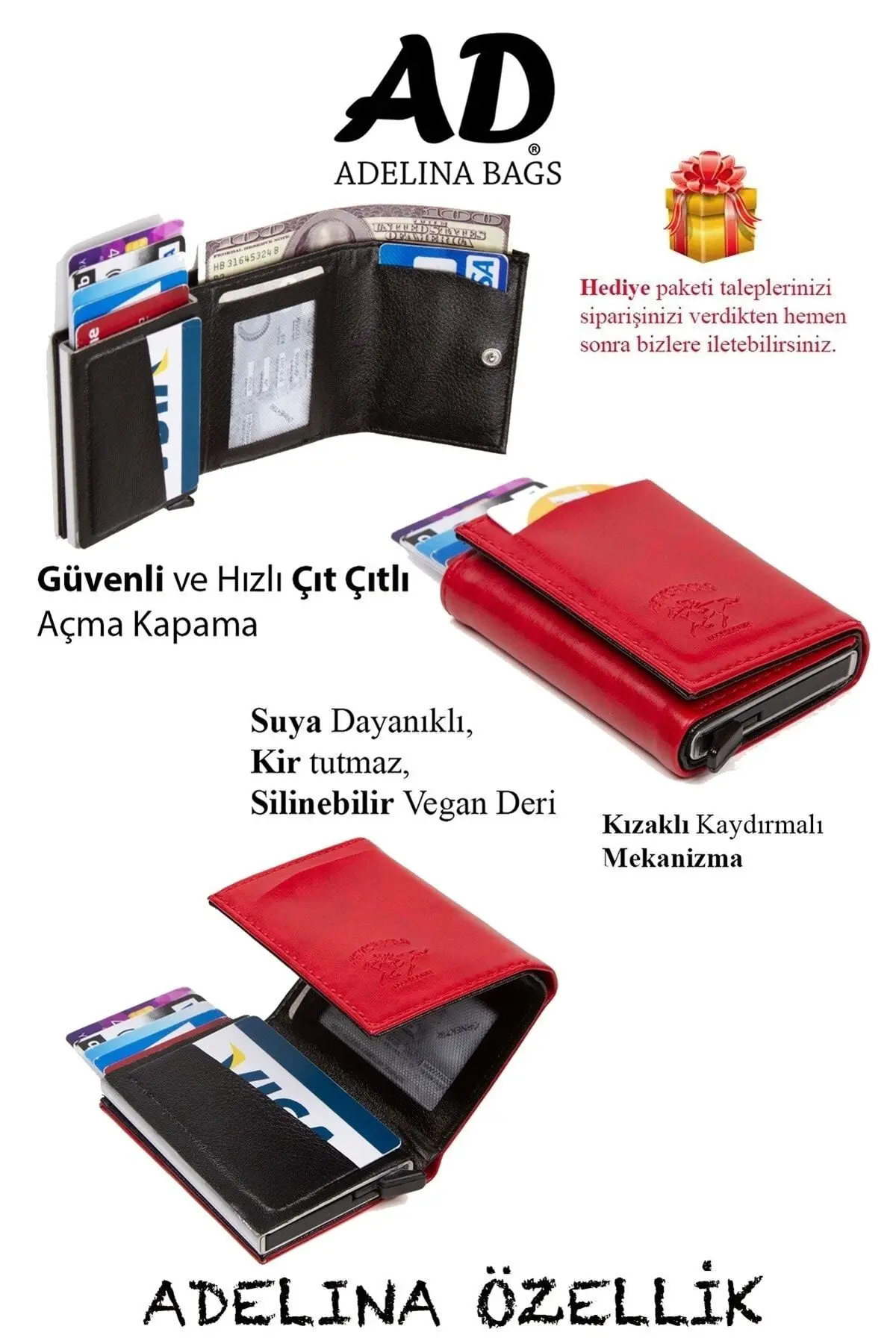 Adelina Unisex Kırmızı Alüminyum Mekanizmalı Kızaklı Kartlık Cüzdan Aksesuar