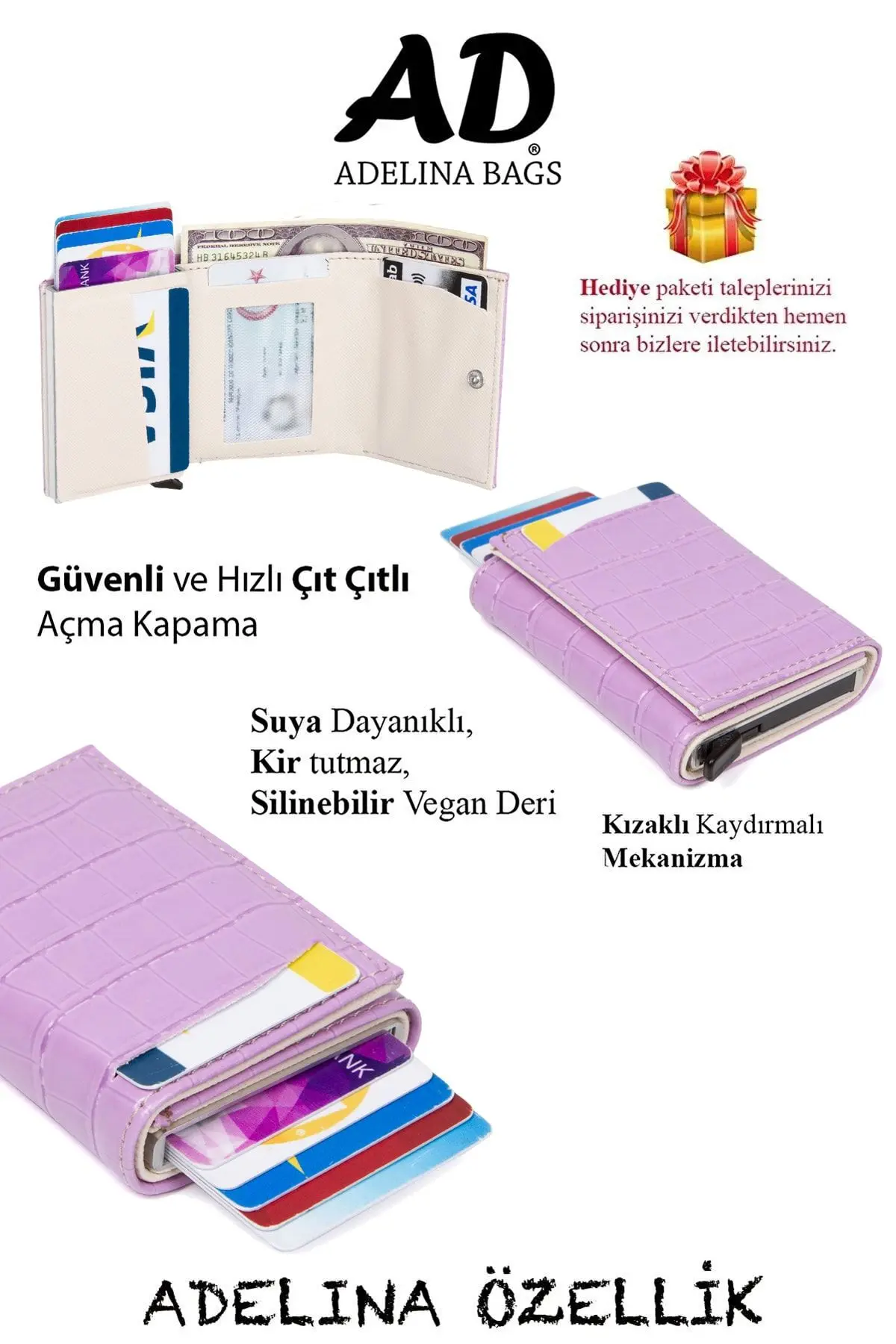 Adelina Lila Timsah Desenli Mekanizmalı Otomatik Kızaklı Kartlık Cüzdan Kroko Kartlık