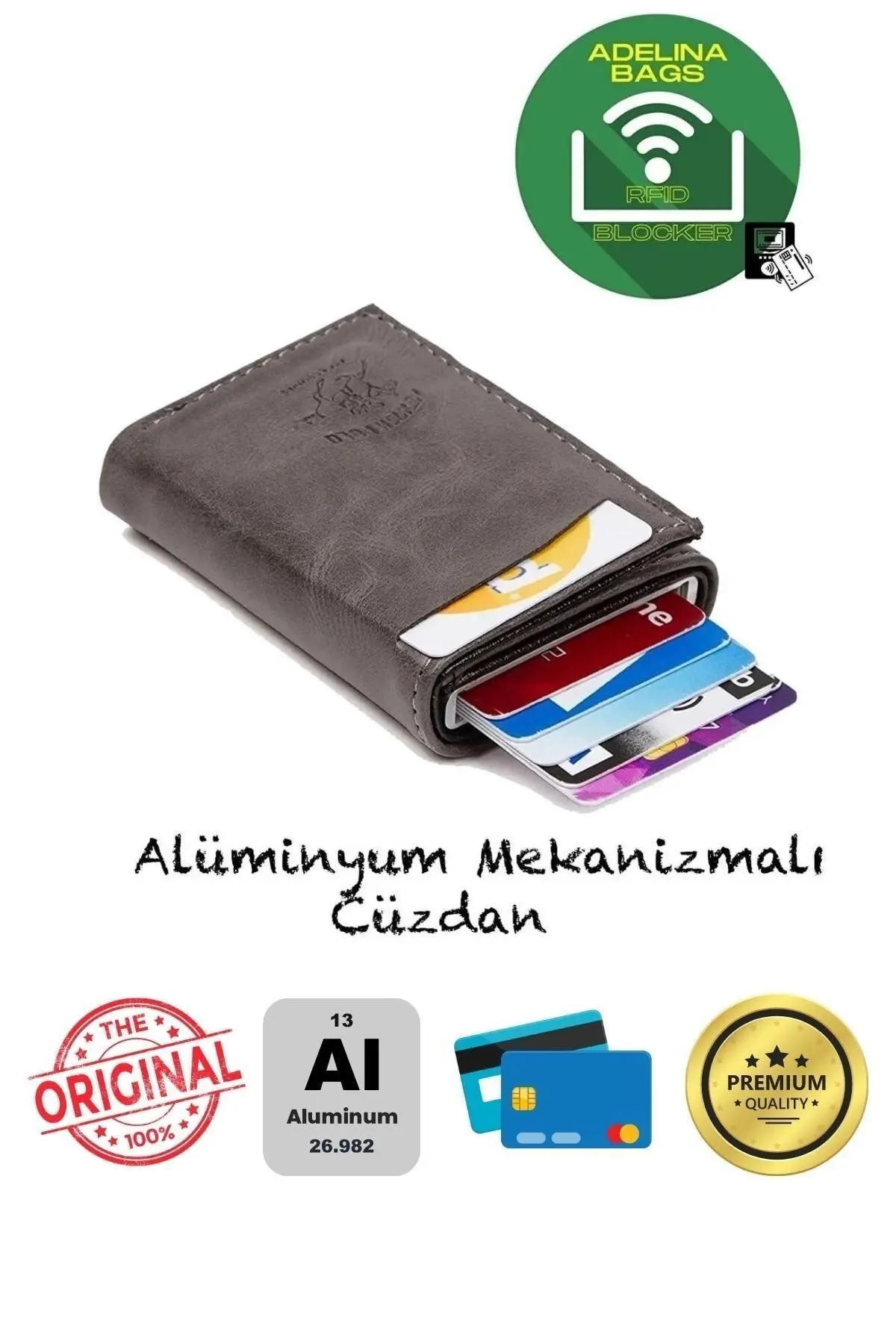 Adelina Unisex Gri Crazy Deri Mekanizmalı Otomatik Kızaklı Kartlık Cüzdan