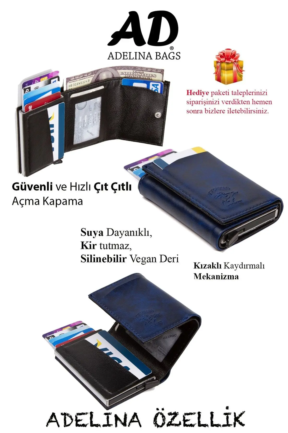 Adelina Lacivert Crazy Deri Mekanizmalı Otomatik Kızaklı Kartlık Cüzdan (7CMX10CM)