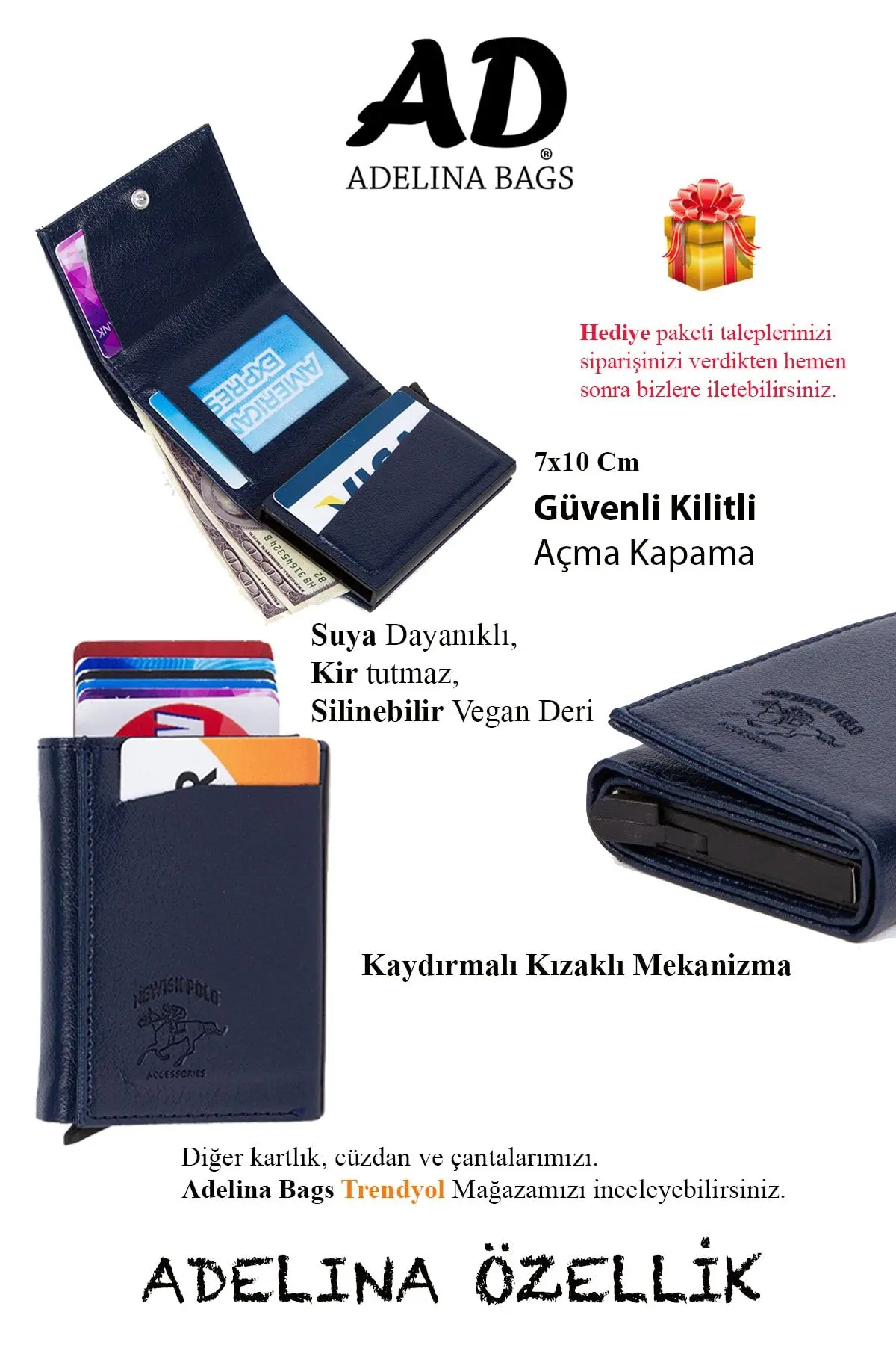 Adelina Unisex Lacivert Deri Mekanizmalı Otomatik Kızaklı Kartlık Cüzdan