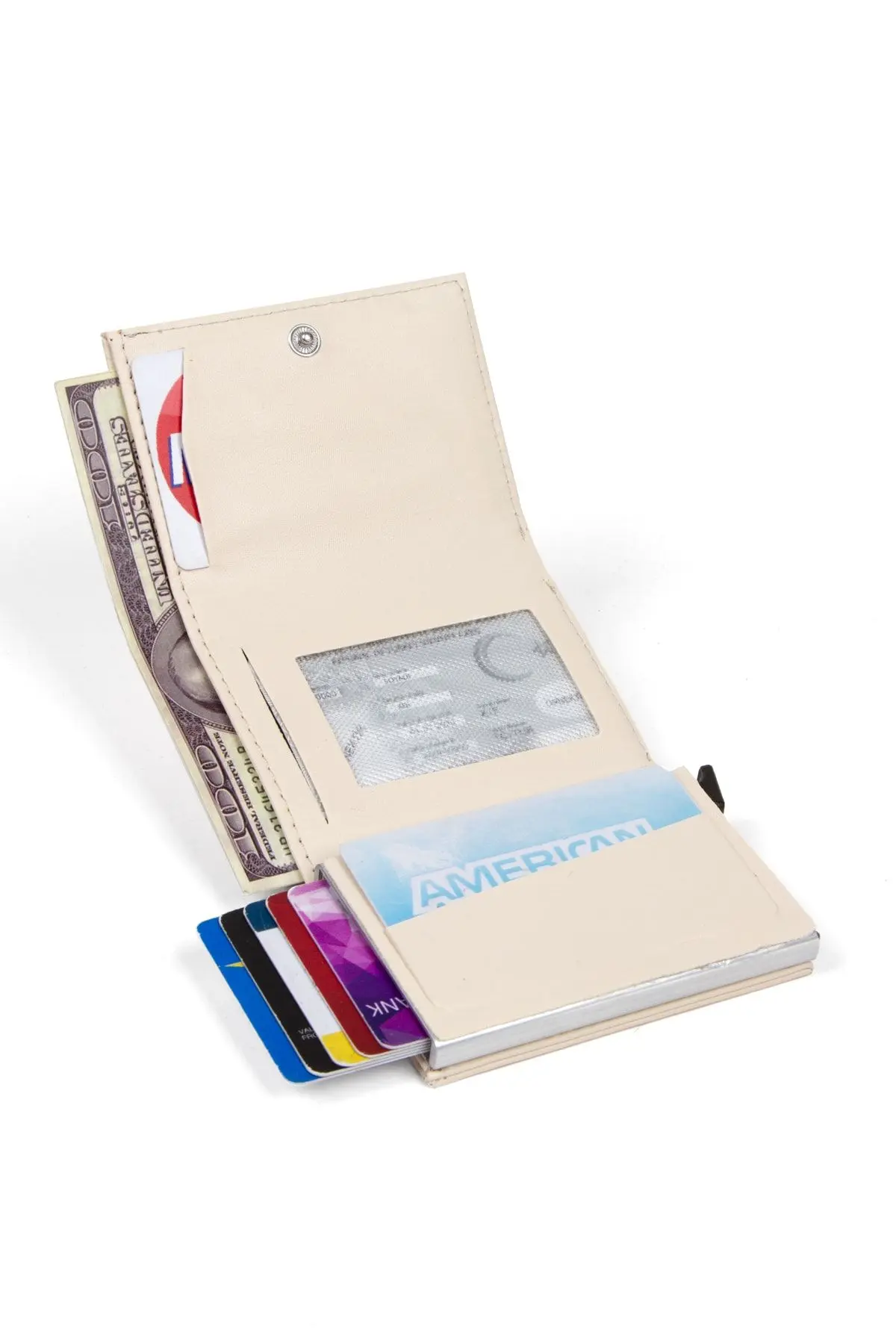 Adelina Unisex Bej Nova Deri Mekanizmalı Otomatik Kızaklı Kartlık Cüzdan (7CMX10CM)