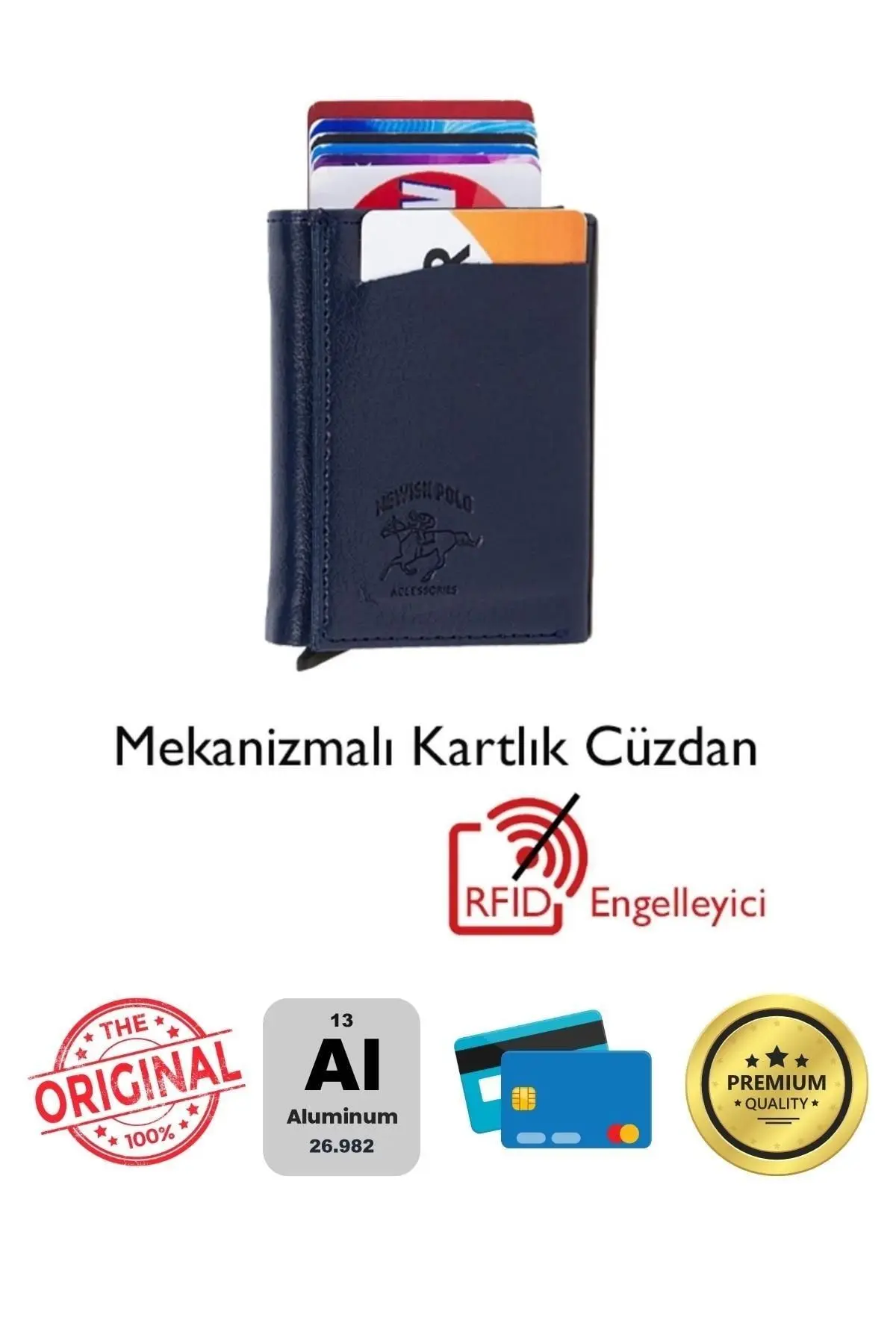 Adelina Unisex Lacivert Deri Mekanizmalı Otomatik Kızaklı Kartlık Cüzdan