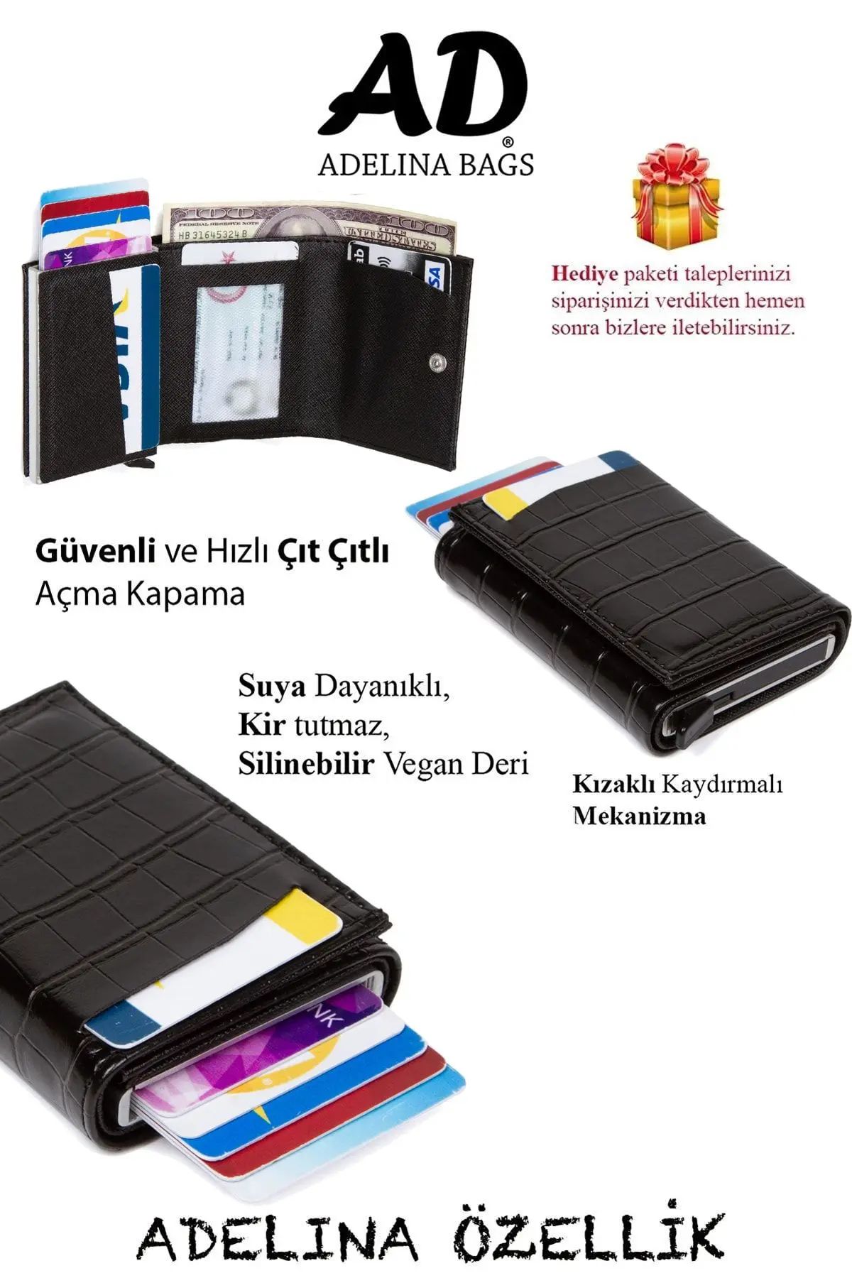 Adelina Siyah Timsah Desenli Mekanizmalı Otomatik Kızaklı Kartlık Cüzdan Kroko Kartlık