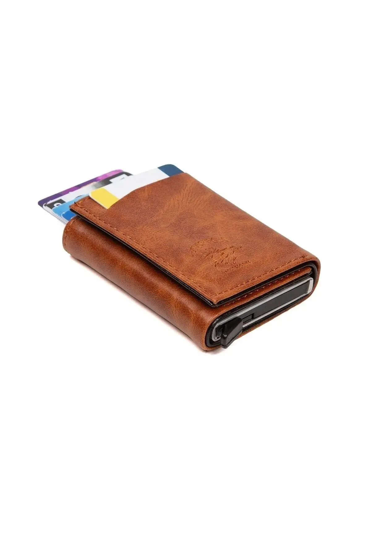 Adelina Unisex Yanık Kahve Crazy Deri Mekanizmalı Otomatik Kızaklı Kartlık Cüzdan (7CMX10CM)