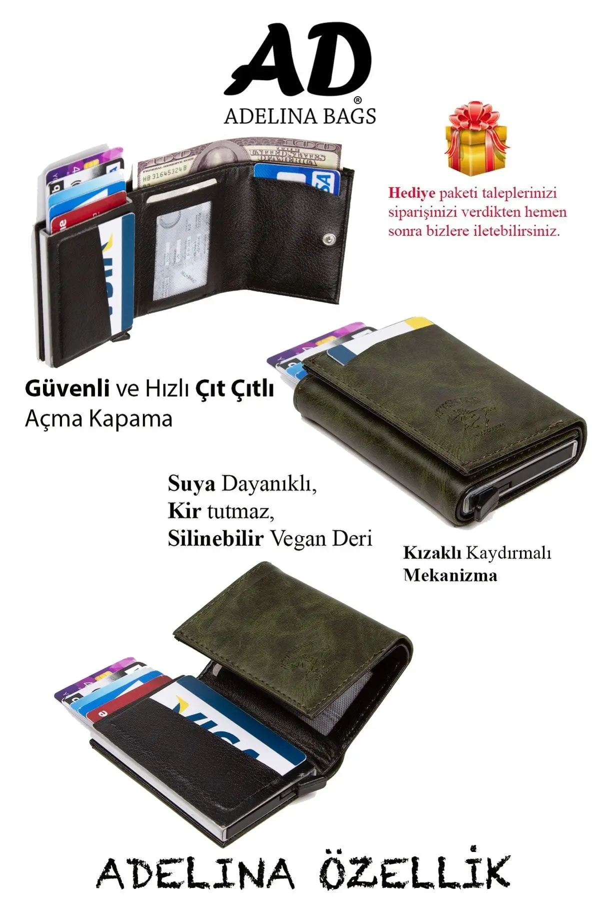 Adelina Unisex Haki Crazy Deri Mekanizmalı Otomatik Kızaklı Kartlık Cüzdan (7CMX10CM)