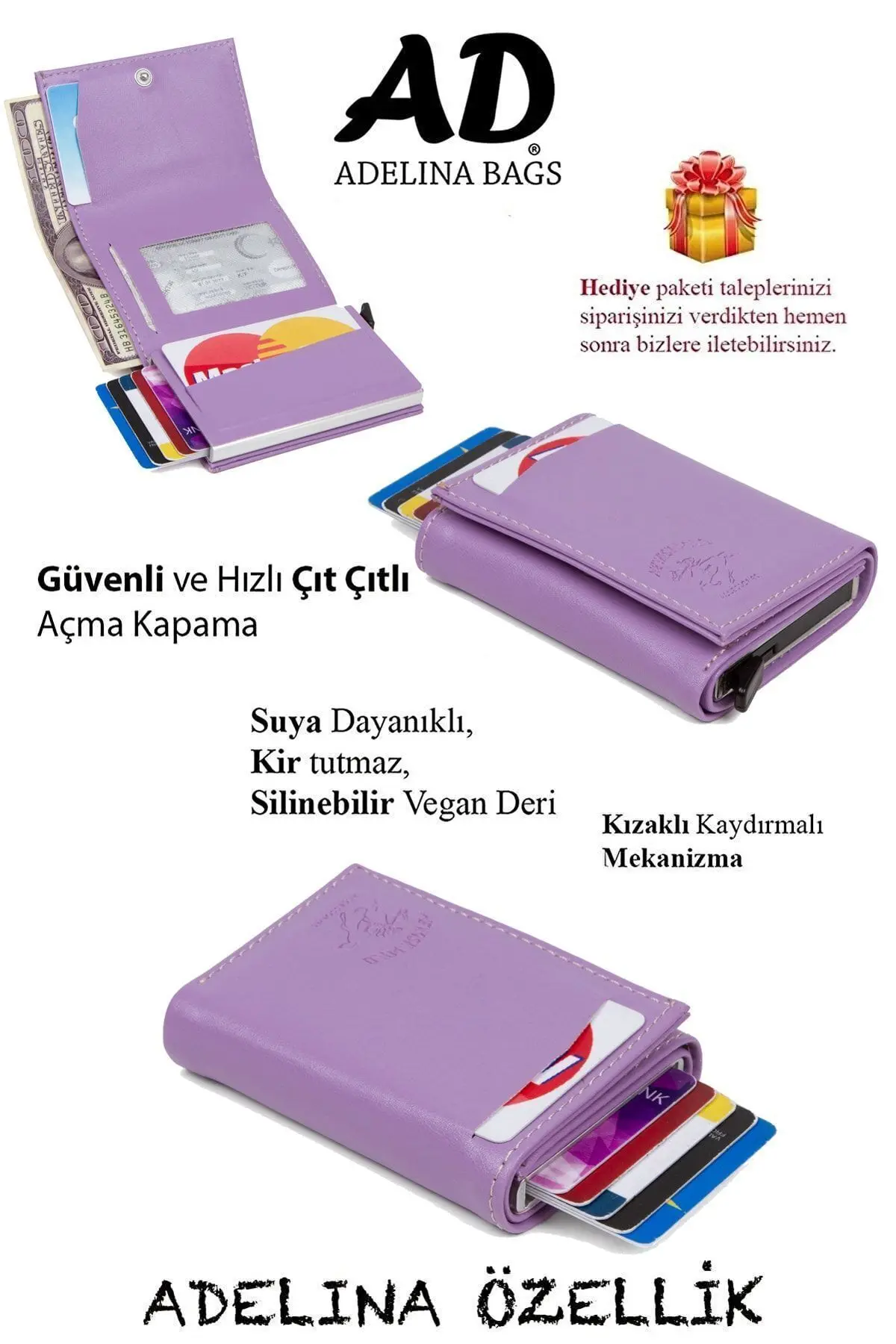 Adelina Lila Nova Deri Mekanizmalı Otomatik Kızaklı Kartlık Cüzdan