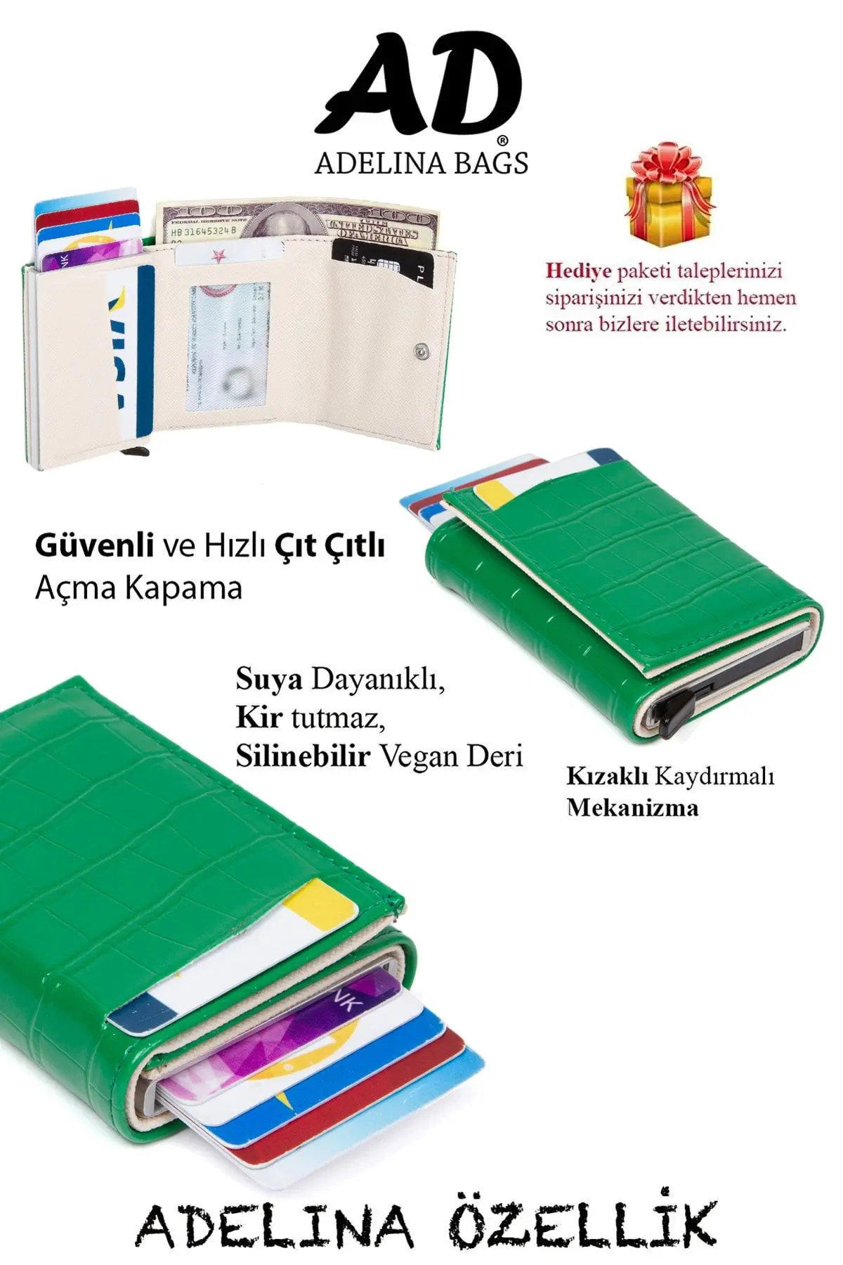 Adelina Timsah Yeşil Desenli Mekanizmalı Otomatik Kızaklı Kartlık Cüzdan Kroko Kartlık