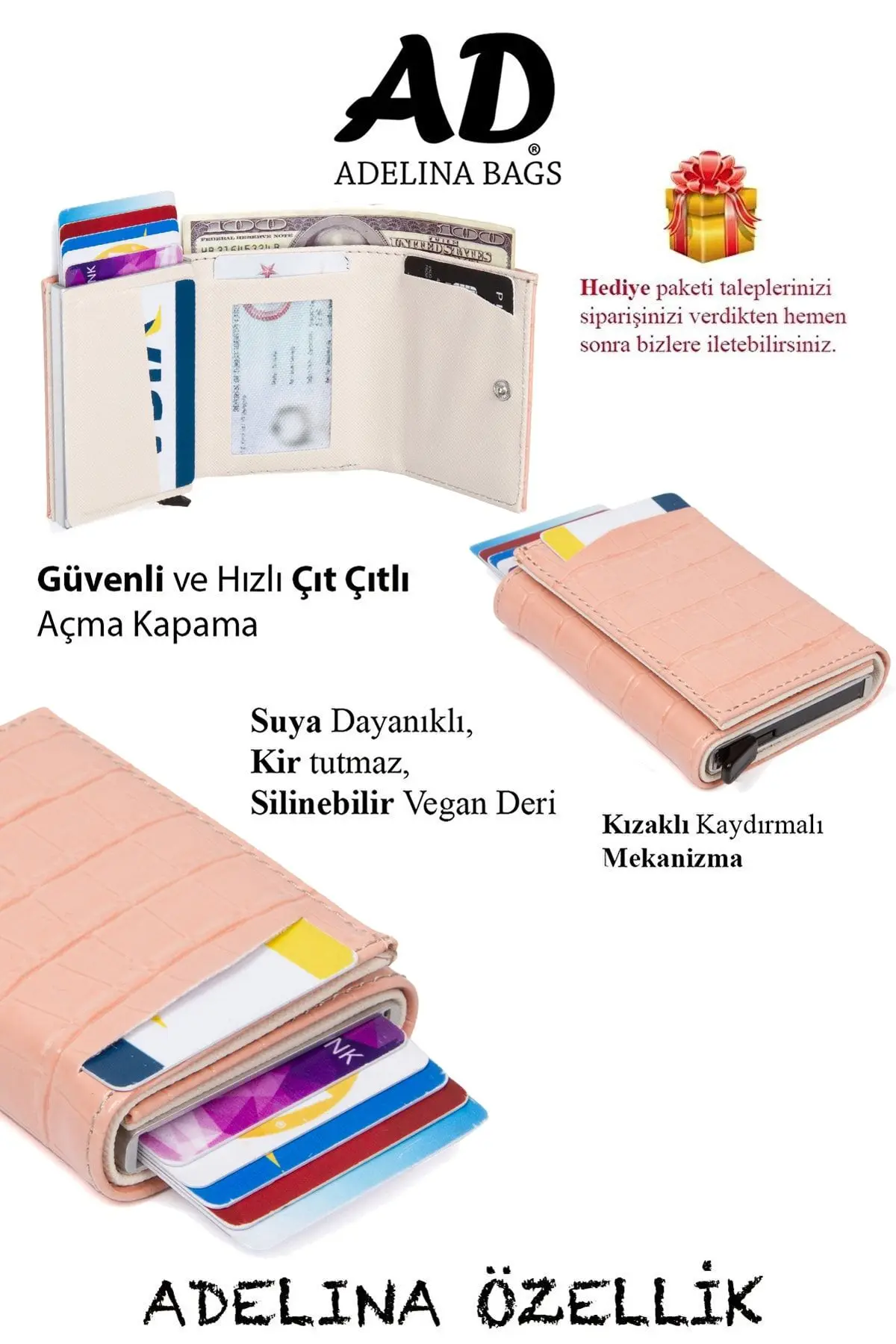 Adelina Pudra Timsah Desenli Mekanizmalı Otomatik Kızaklı Kartlık Cüzdan Kroko Kartlık