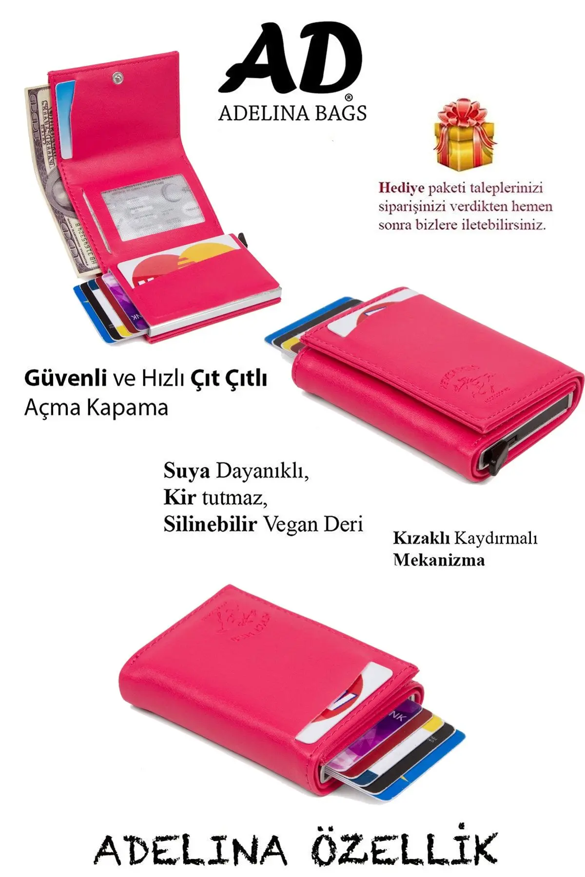 Adelina Fuşya Nova Deri Mekanizmalı Otomatik Kızaklı Kartlık Cüzdan (7X10CM)