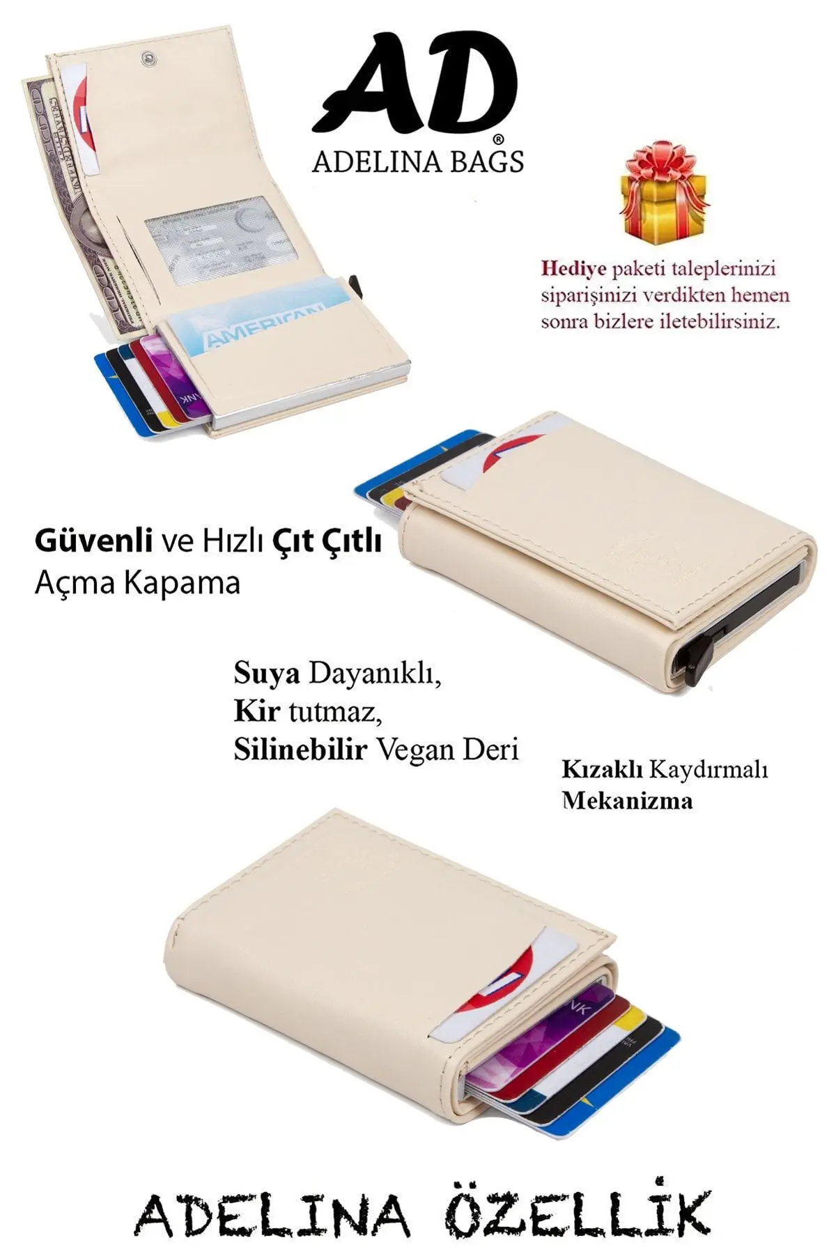 Adelina Unisex Bej Nova Deri Mekanizmalı Otomatik Kızaklı Kartlık Cüzdan (7CMX10CM)