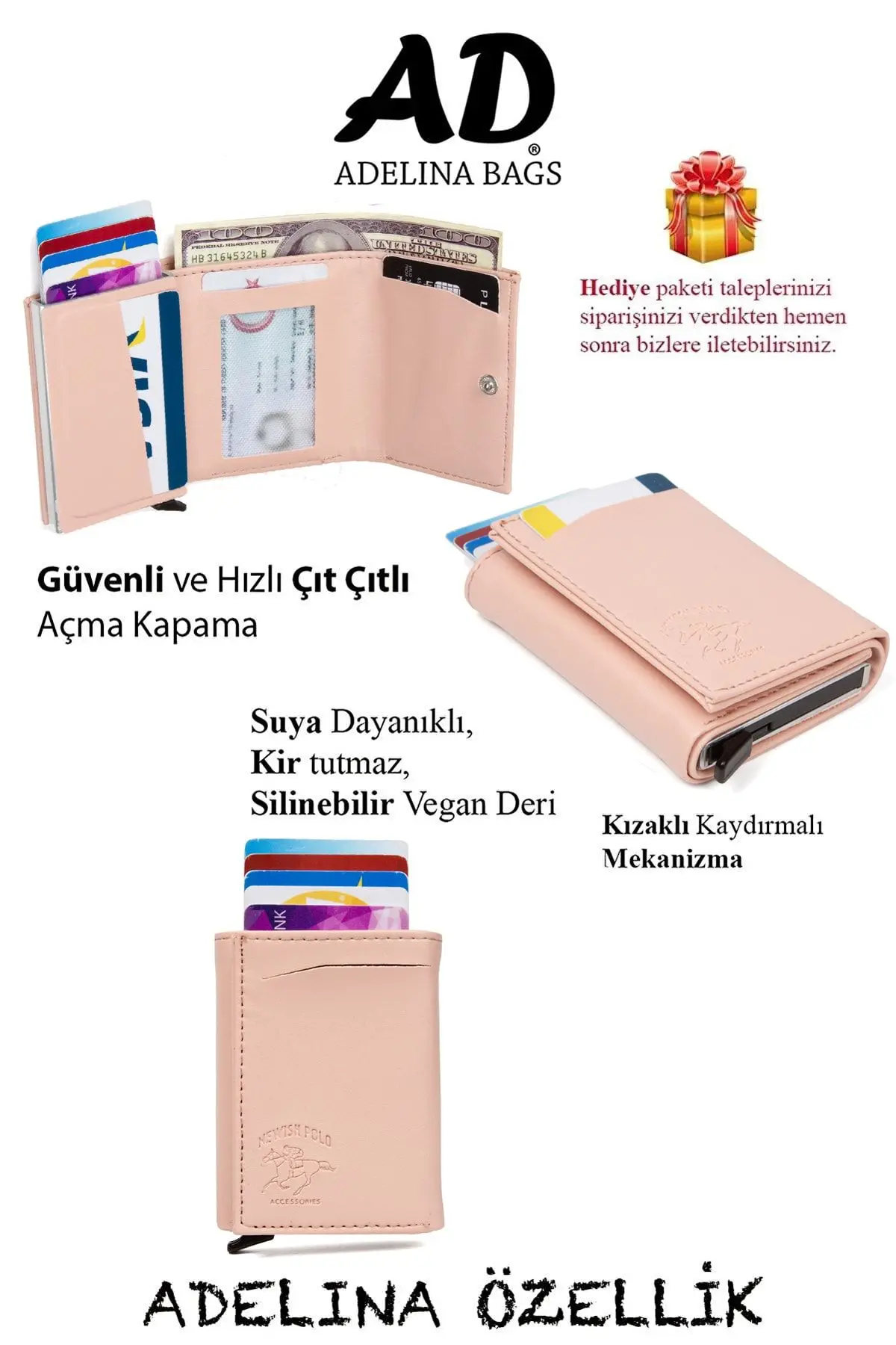 Adelina Pudra Pembe Nova Deri Mekanizmalı Otomatik Kızaklı Kartlık Cüzdan