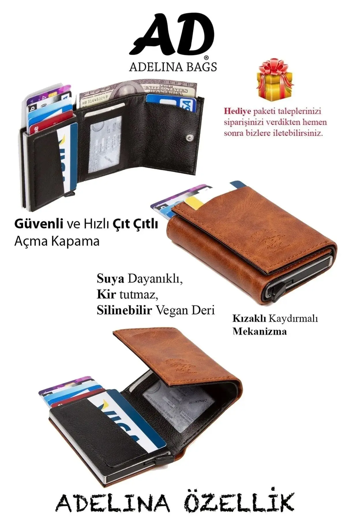 Adelina Unisex Yanık Kahve Crazy Deri Mekanizmalı Otomatik Kızaklı Kartlık Cüzdan (7CMX10CM)