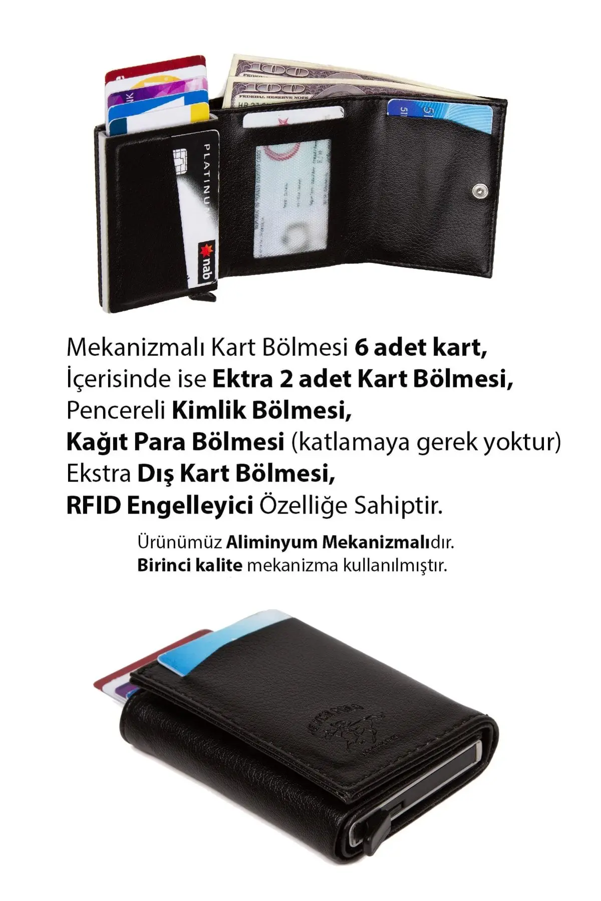 Adelina Unisex Siyah Deri Mekanizmalı Otomatik Kızaklı Kartlık Cüzdan (7CMX10CM)