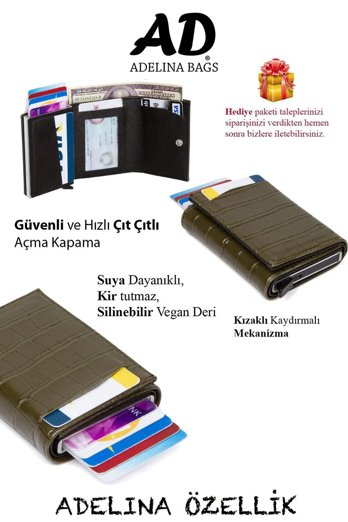 Adelina Haki Timsah Desenli Mekanizmalı Otomatik Kızaklı Kartlık Cüzdan Kroko Kartlık