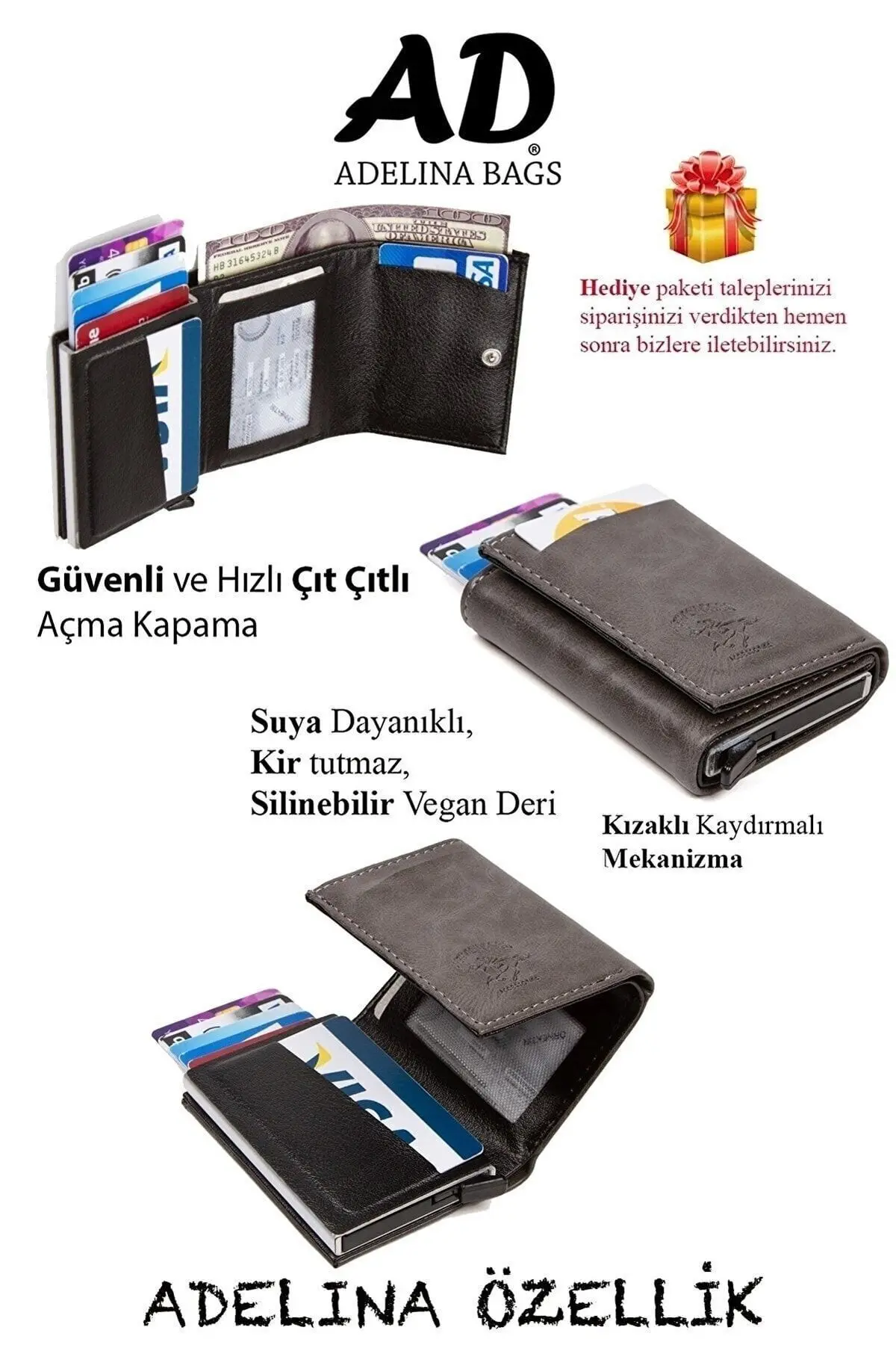 Adelina Unisex Gri Crazy Deri Mekanizmalı Otomatik Kızaklı Kartlık Cüzdan
