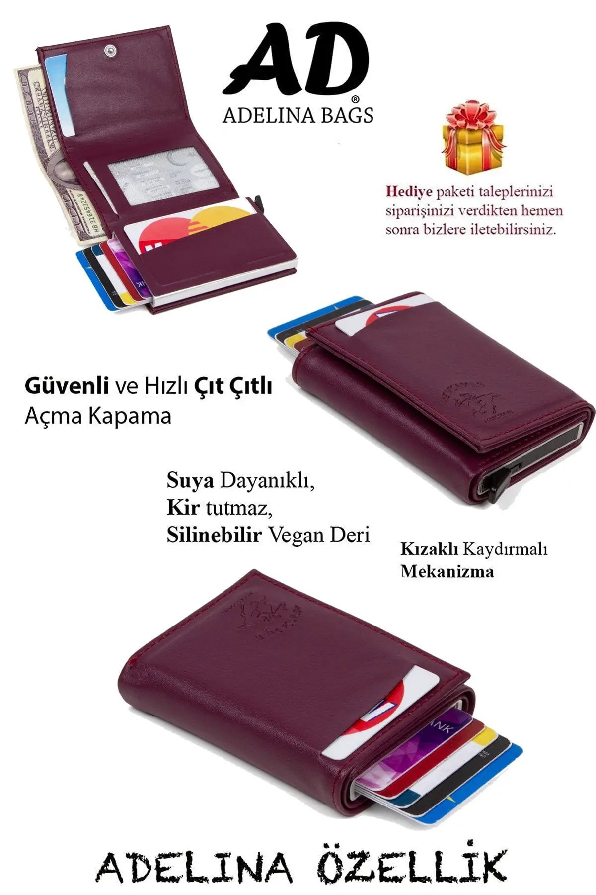 Adelina Mor Nova Deri Mekanizmalı Otomatik Kızaklı Kartlık Cüzdan (7CMX10CM)