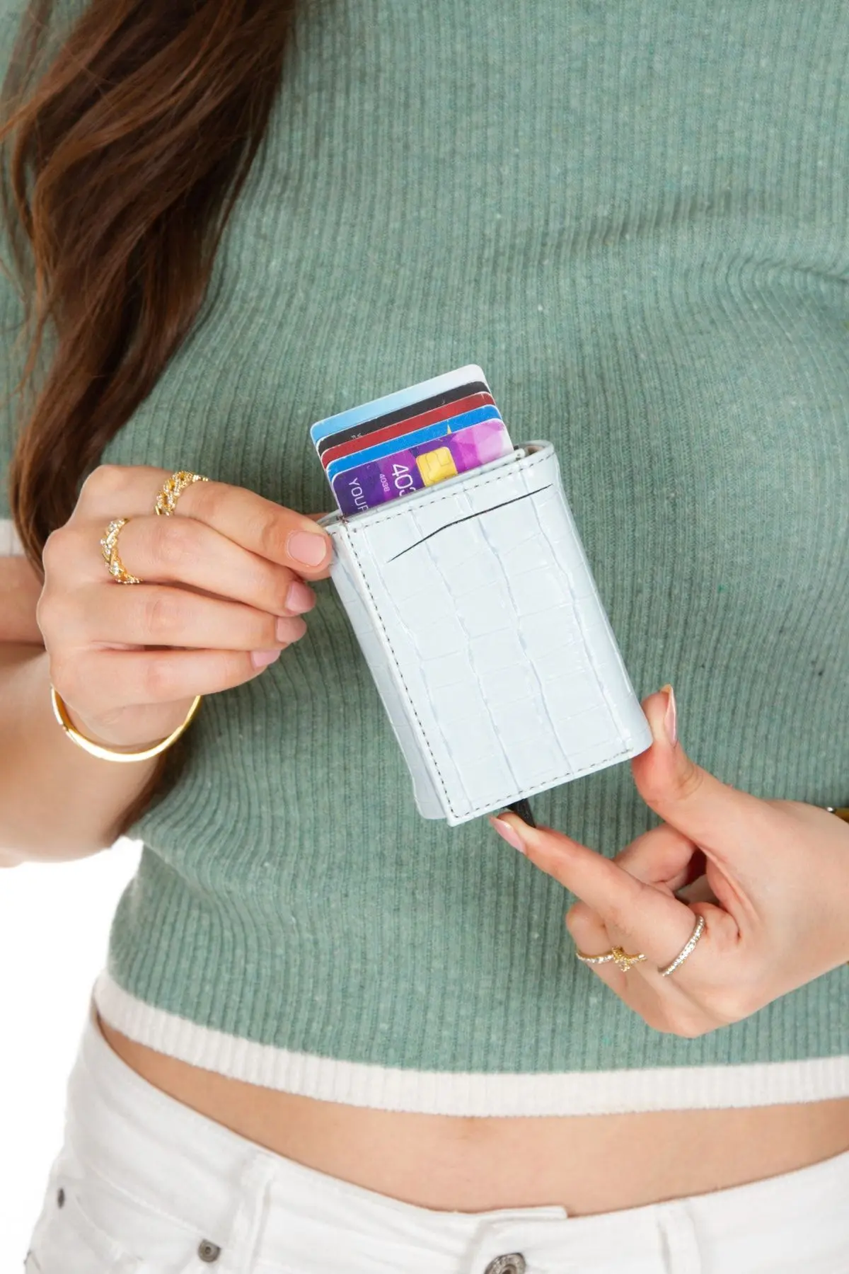 Adelina Mavi Timsah Desenli Mekanizmalı Otomatik Kızaklı Kartlık Cüzdan Kroko Kartlık