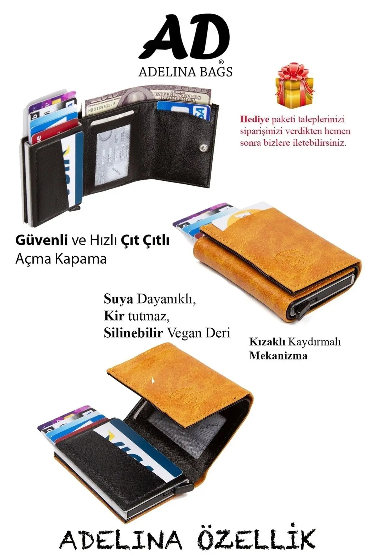 Adelina Unisex Hardal Alüminyum Mekanizmalı Kızaklı Kartlık Cüzdan Aksesuar