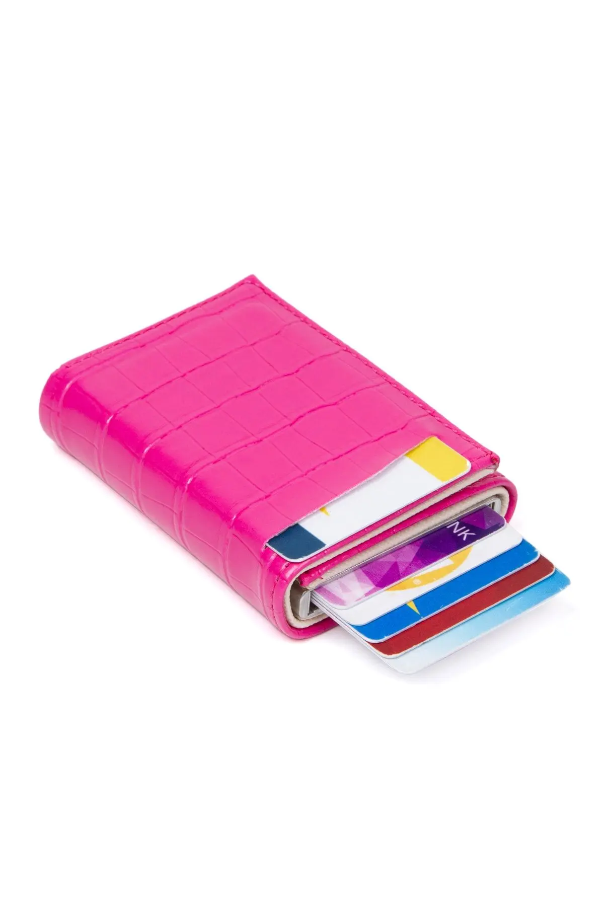 Adelina Timsah Desenli Fuşya Mekanizmalı Otomatik Kızaklı Kartlık Cüzdan Kroko Kartlık