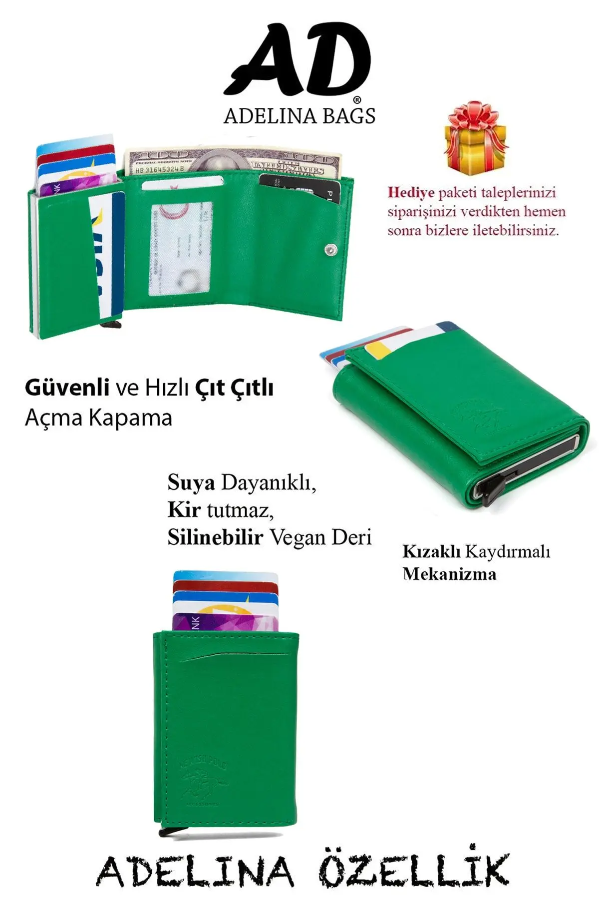 Adelina Yeşil Nova Deri Mekanizmalı Otomatik Kızaklı Kartlık Cüzdan