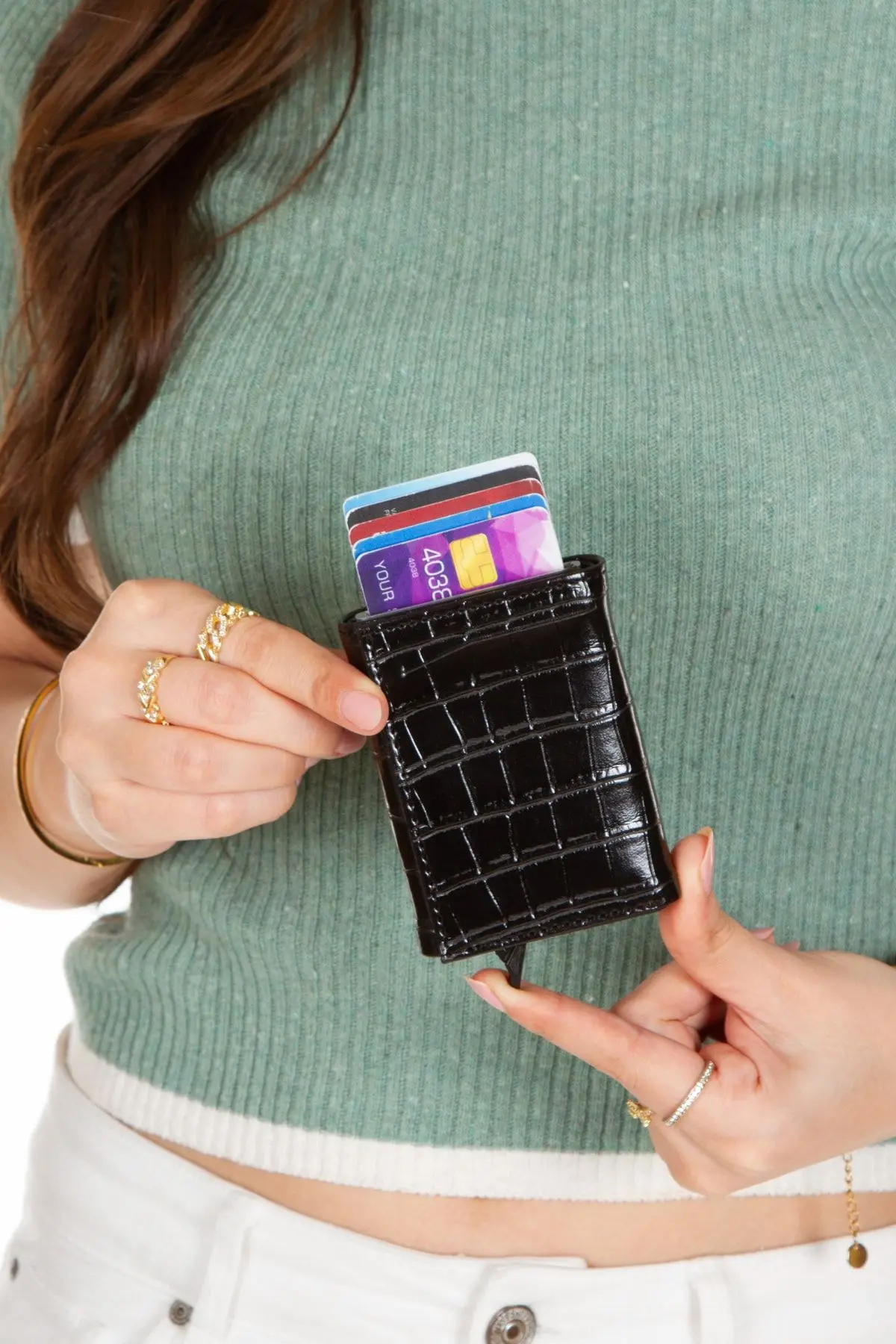 Adelina Siyah Timsah Desenli Mekanizmalı Otomatik Kızaklı Kartlık Cüzdan Kroko Kartlık