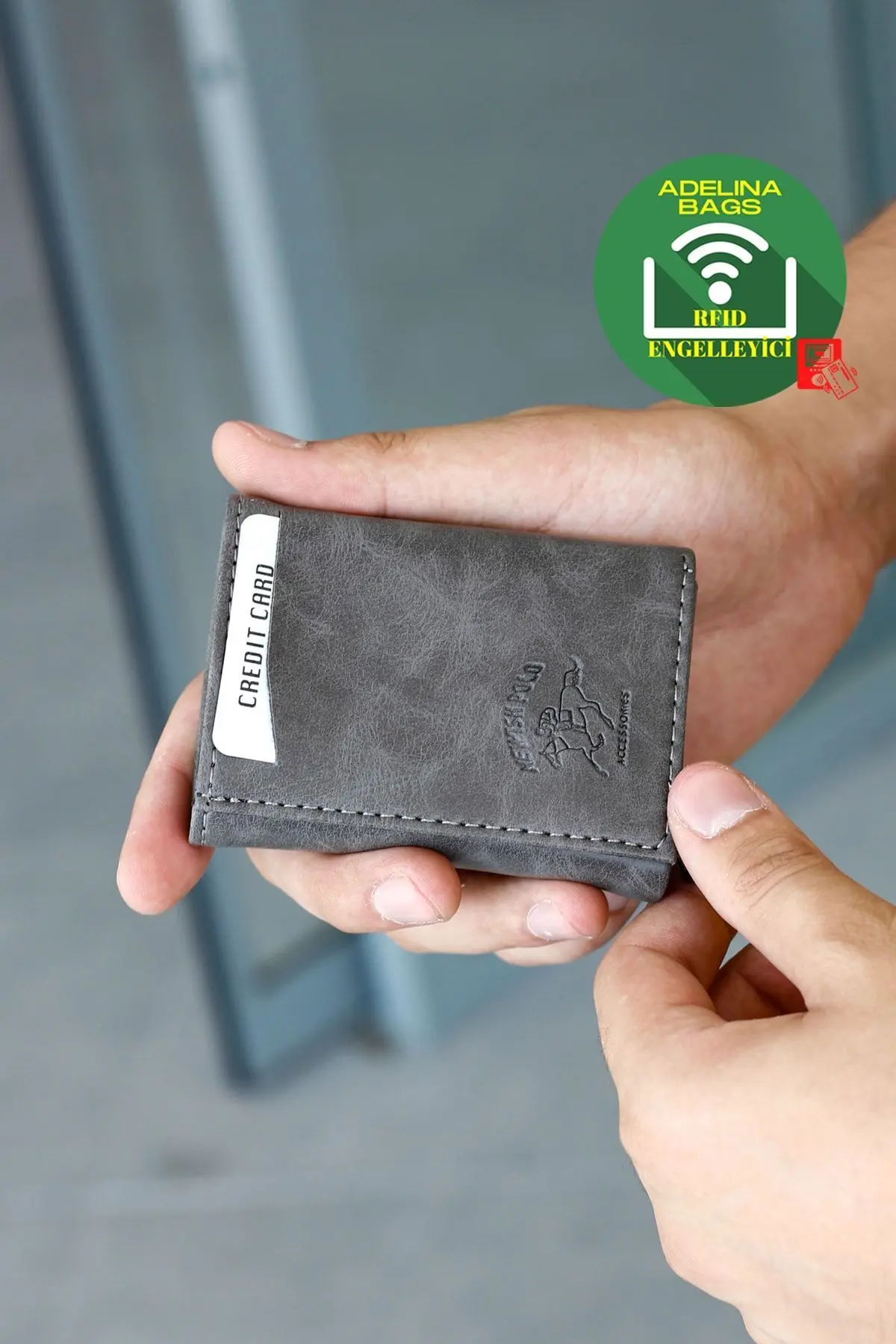 Adelina Unisex Gri Crazy Deri Mekanizmalı Otomatik Kızaklı Kartlık Cüzdan