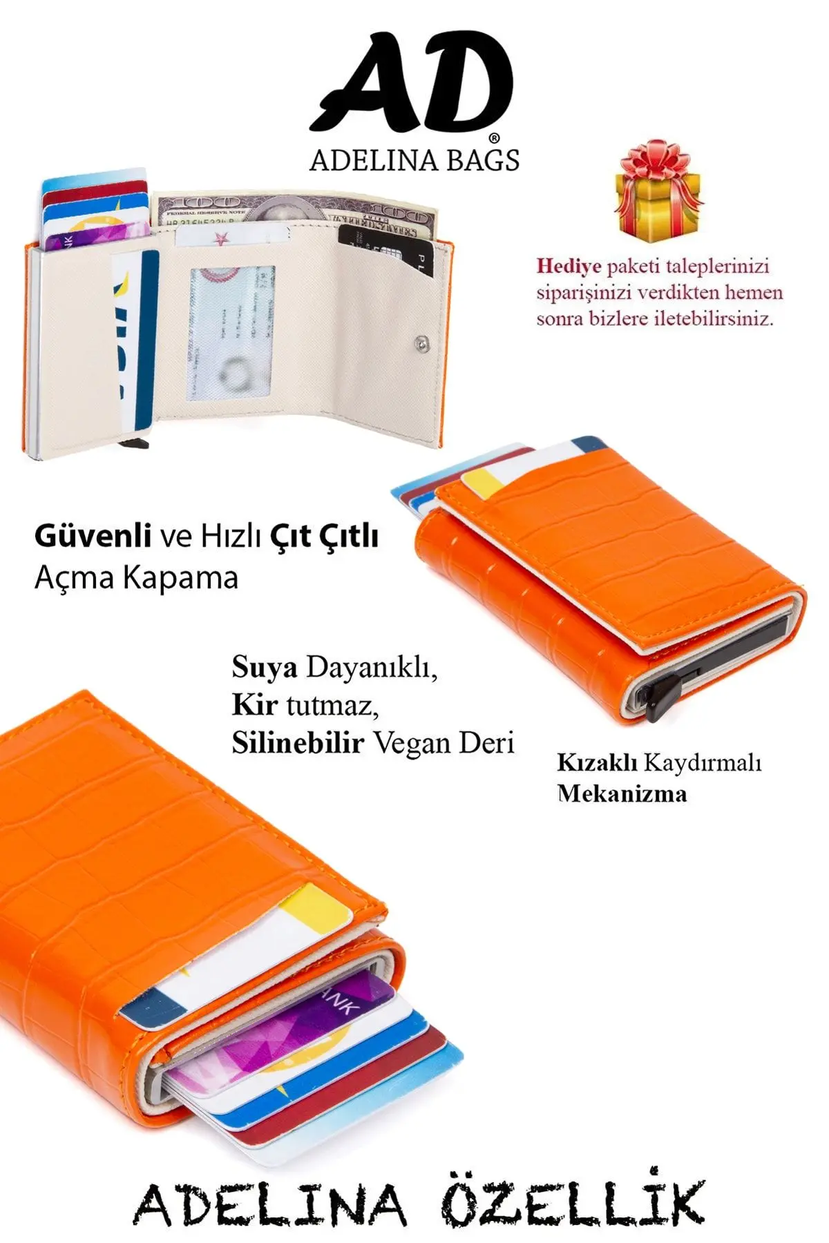 Adelina Turuncu Timsah Desenli Mekanizmalı Otomatik Kızaklı Kartlık Cüzdan Kroko Kartlık