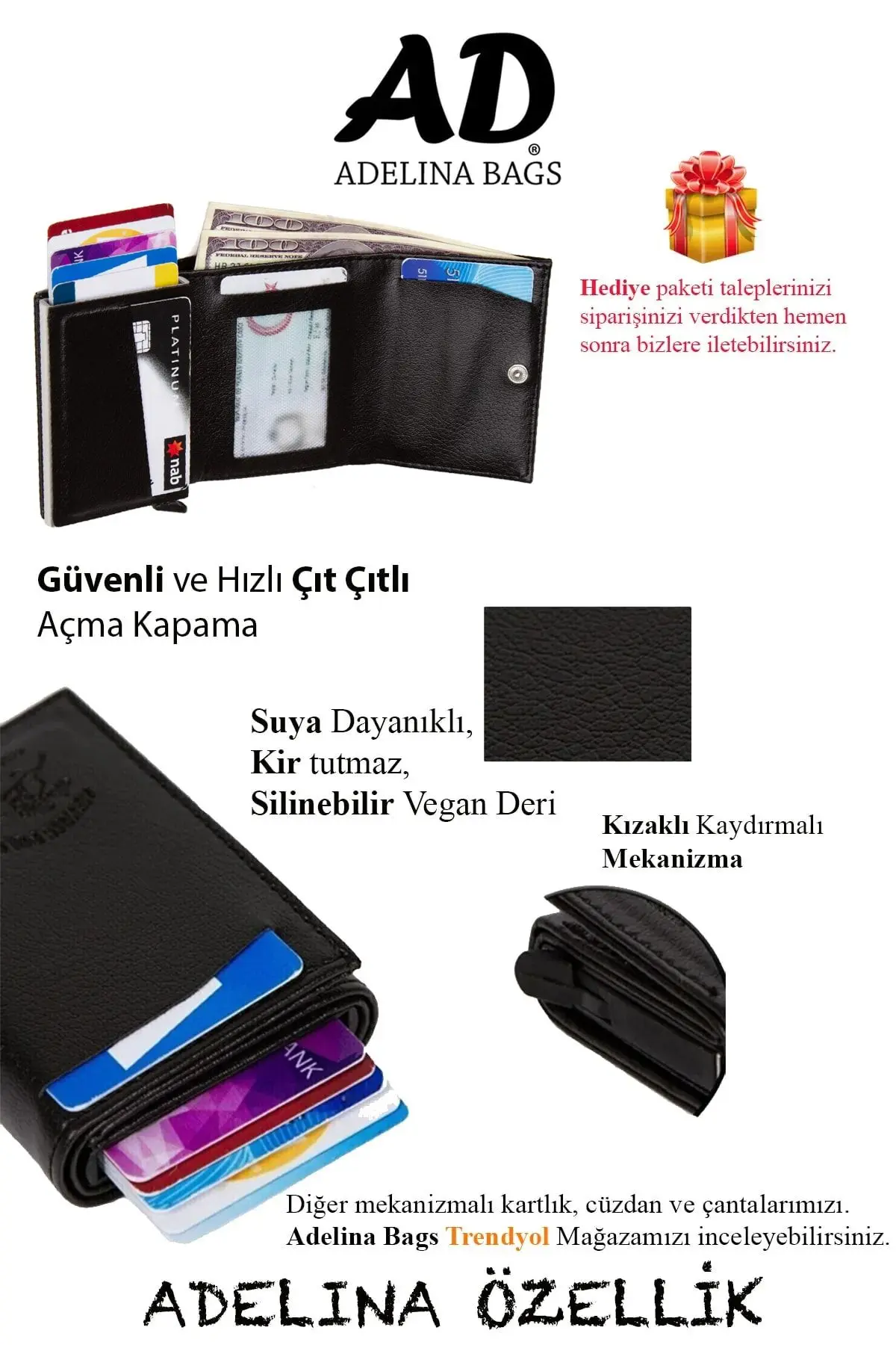 Adelina Unisex Siyah Deri Mekanizmalı Otomatik Kızaklı Kartlık Cüzdan (7CMX10CM)