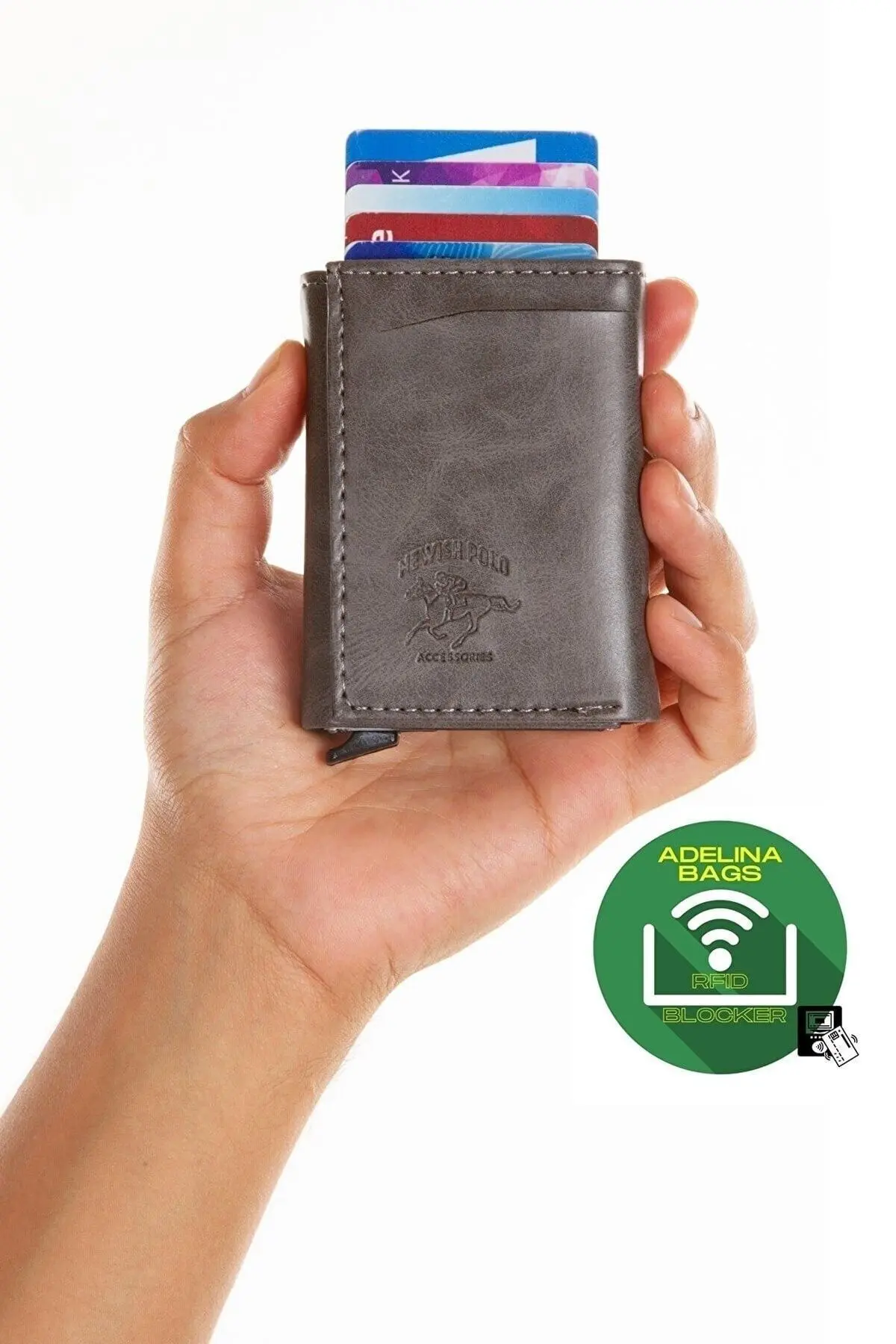 Adelina Unisex Gri Crazy Deri Mekanizmalı Otomatik Kızaklı Kartlık Cüzdan