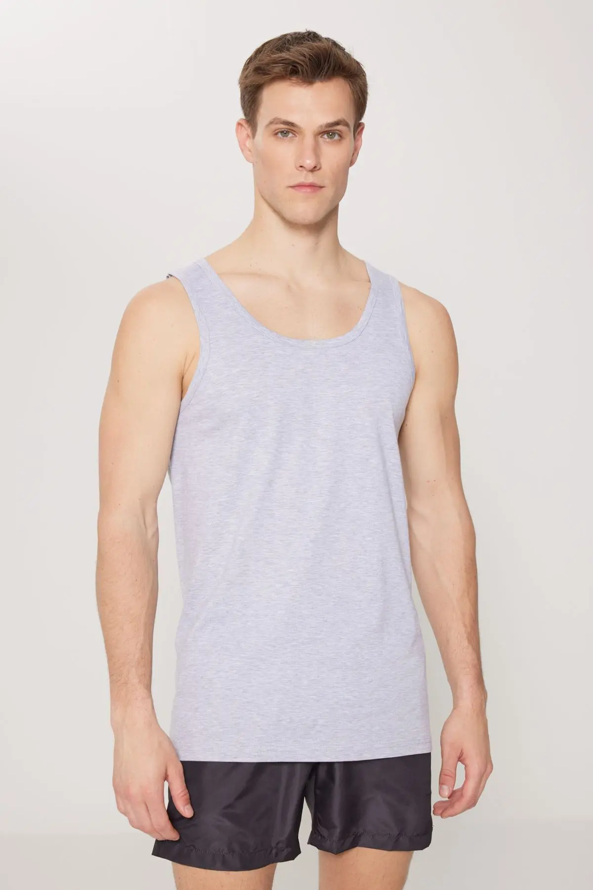 Erkek Gri Melanj Standart Fit Normal Kesim Pamuklu 2'li Atlet Paketi