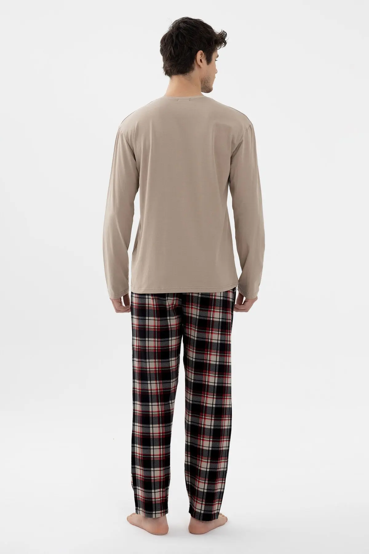 Erkek Pamuklu Uzun Kollu Basic Siyah - Vizon Ekose Desenli Cep Detaylı Pijama Takımı