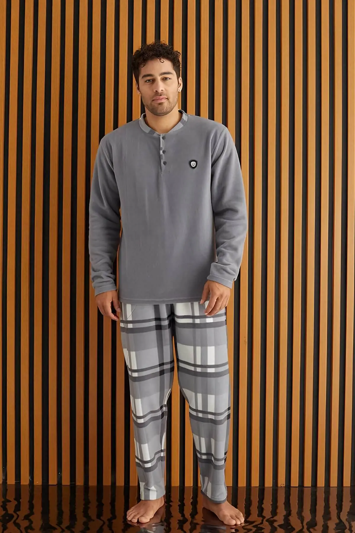 Melanj Ekose Desenli Polar Erkek Pijama Takımı