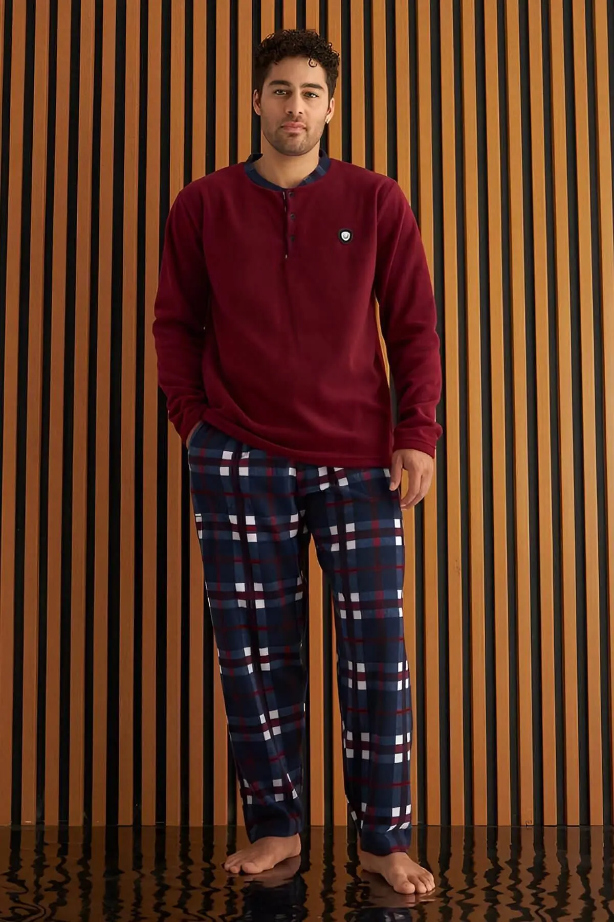 Bordo Lacivert Ekose Desenli Polar Erkek Pijama Takımı