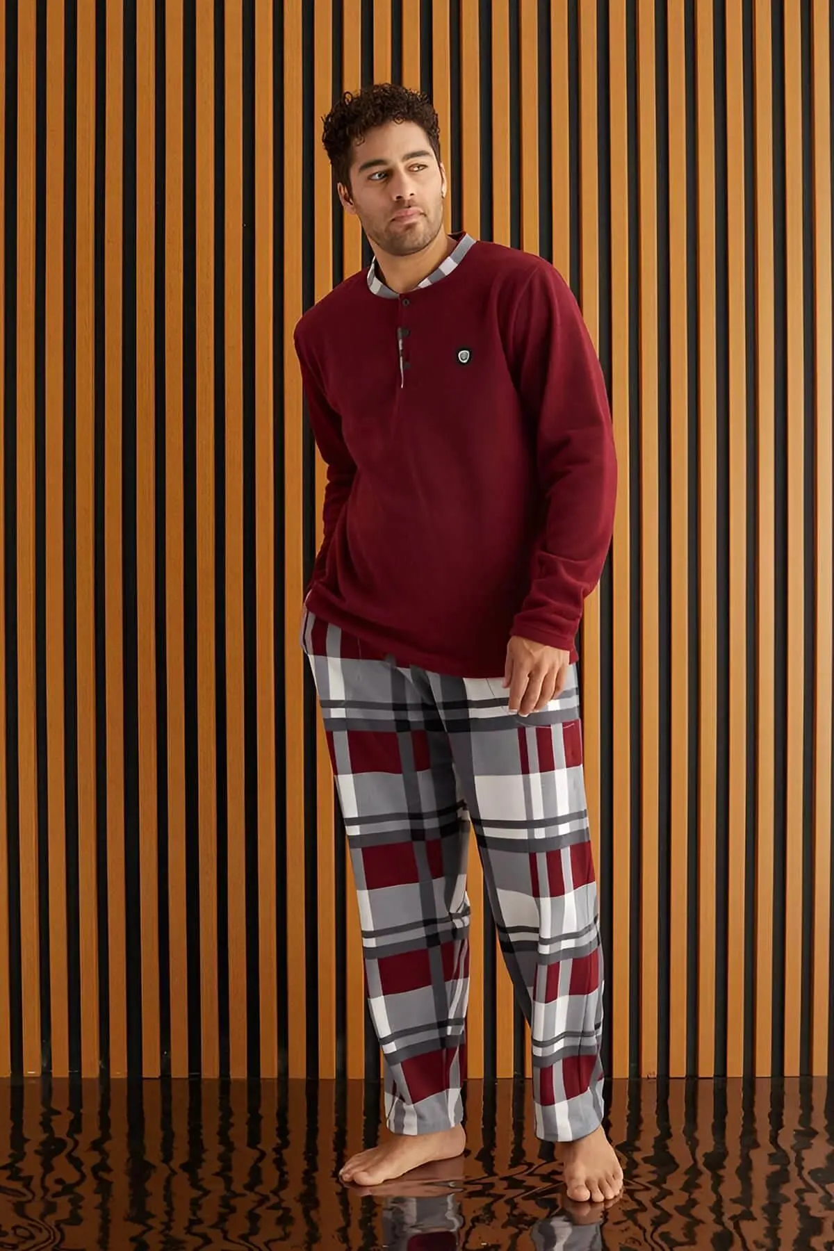 Bordo Beyaz Ekose Desenli Polar Erkek Pijama Takımı