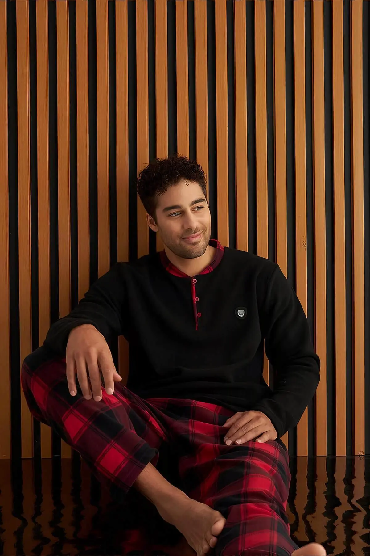 Siyah Bordo Ekose Desenli Polar Erkek Pijama Takımı