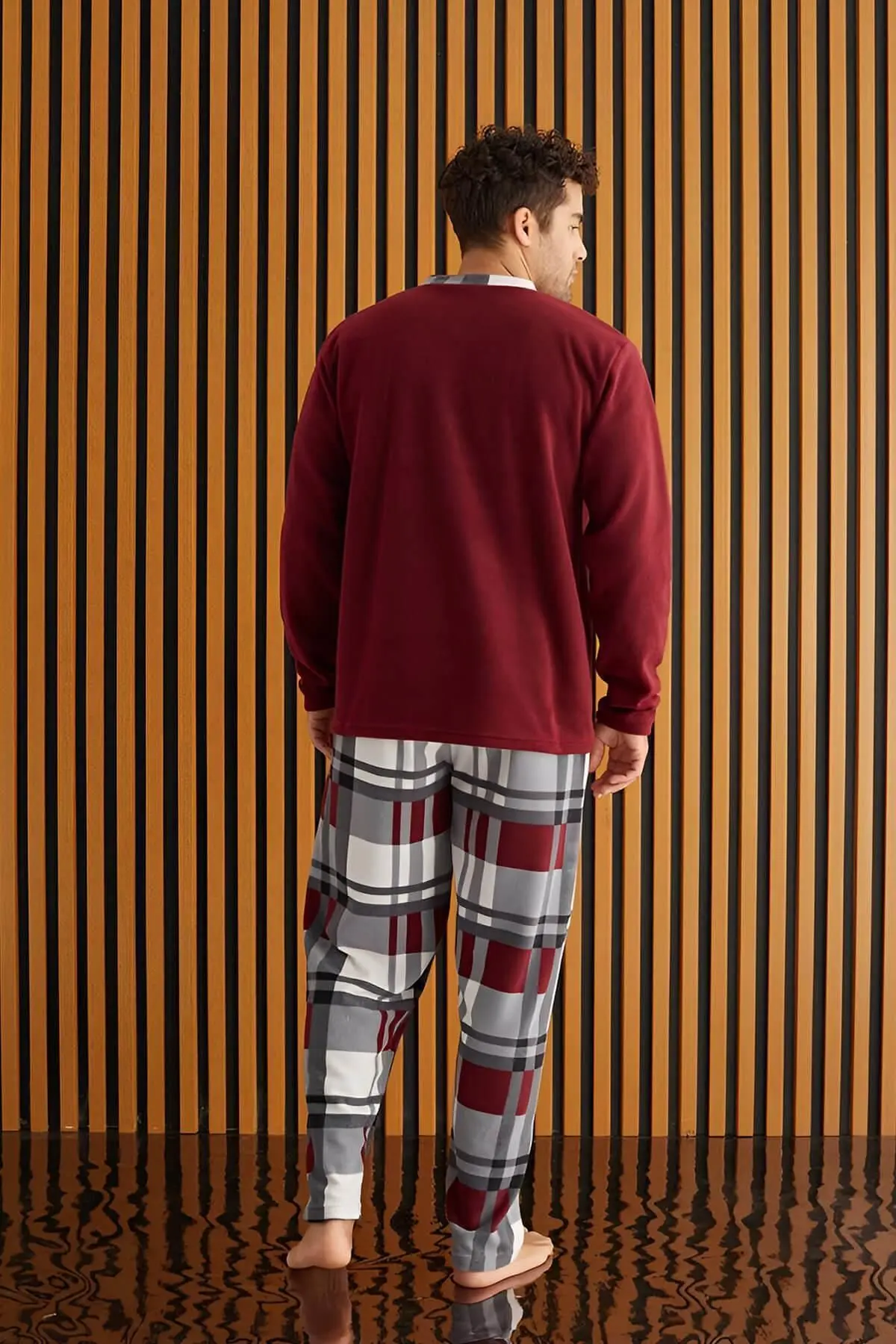 Bordo Beyaz Ekose Desenli Polar Erkek Pijama Takımı