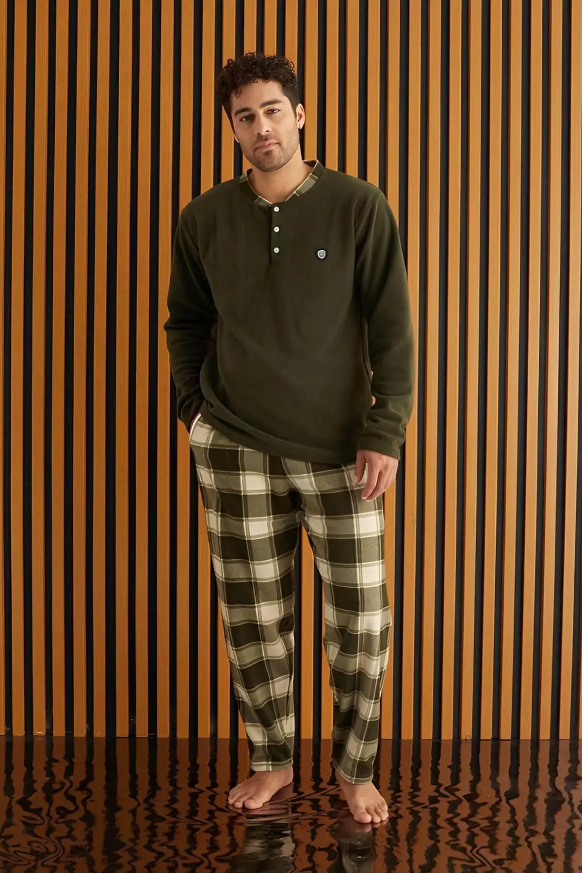 Haki Krem Ekose Desenli Polar Erkek Pijama Takımı