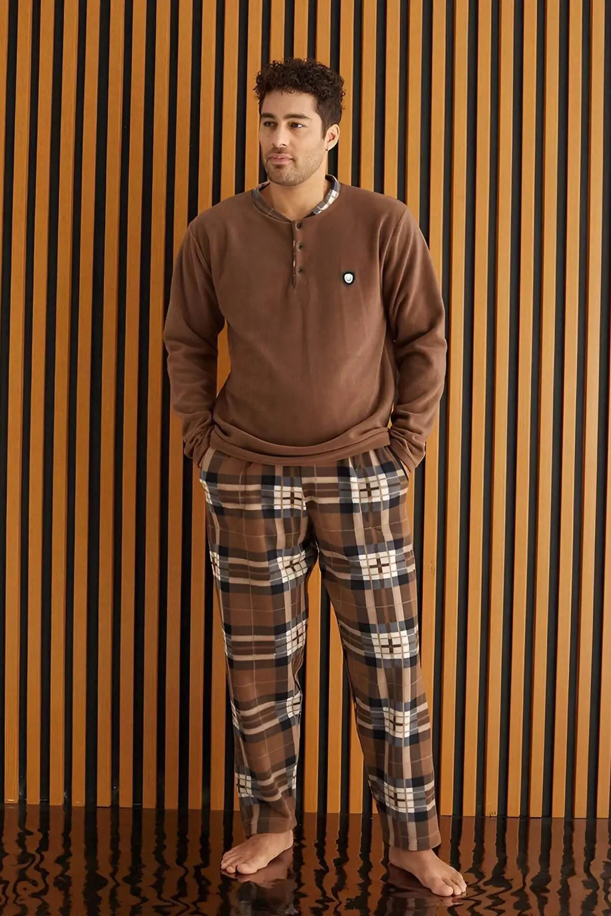 Kahve Krem Ekose Desenli Polar Erkek Pijama Takımı