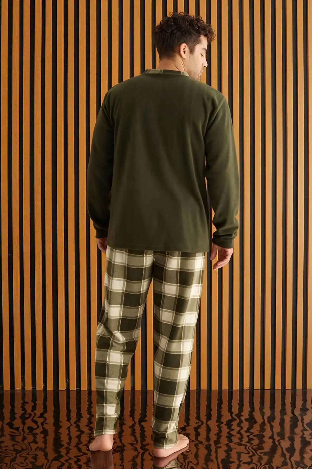 Haki Krem Ekose Desenli Polar Erkek Pijama Takımı