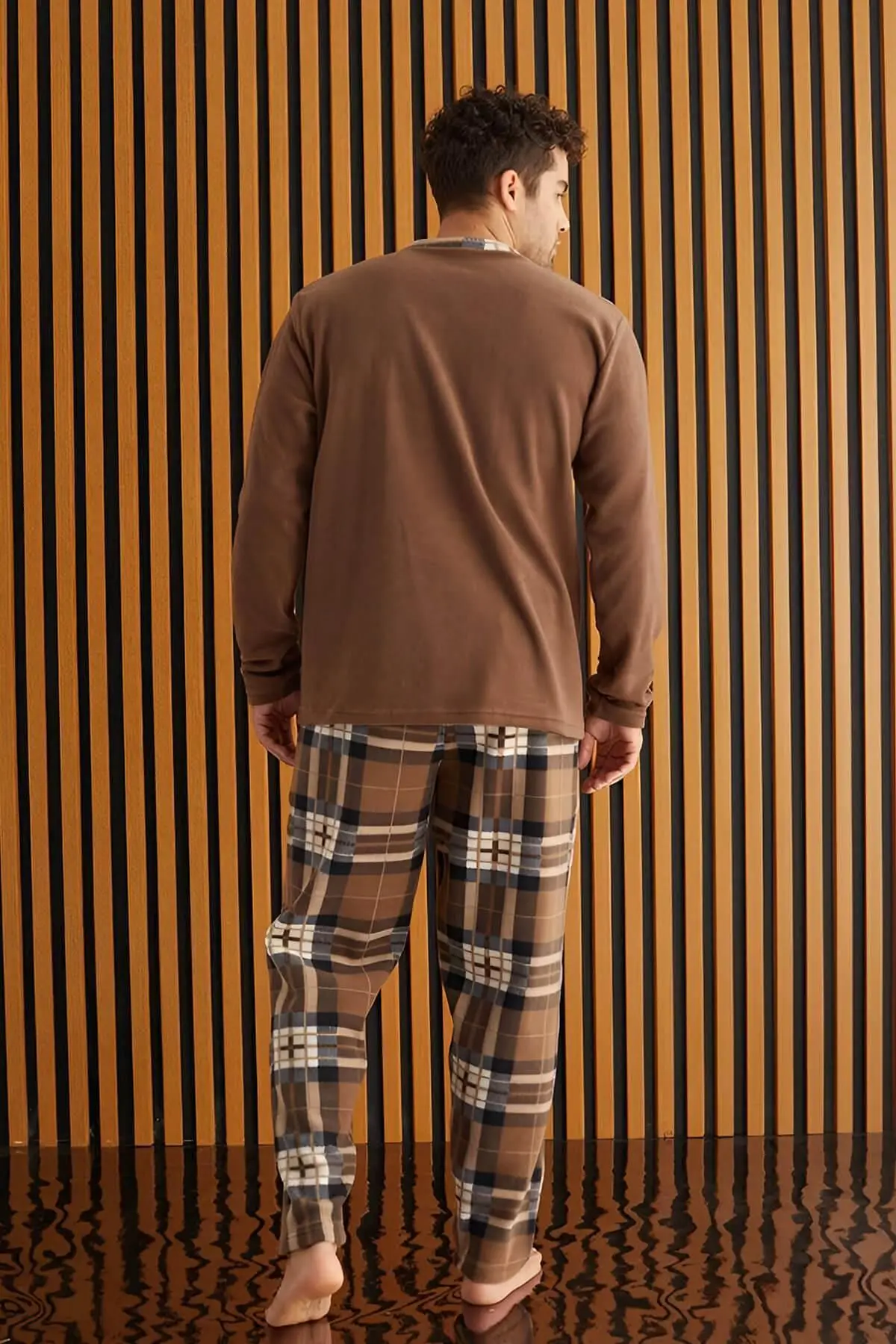 Kahve Krem Ekose Desenli Polar Erkek Pijama Takımı
