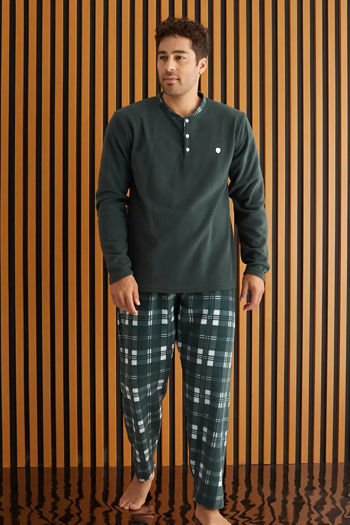 Yeşil Beyaz Ekose Desenli Polar Erkek Pijama Takımı