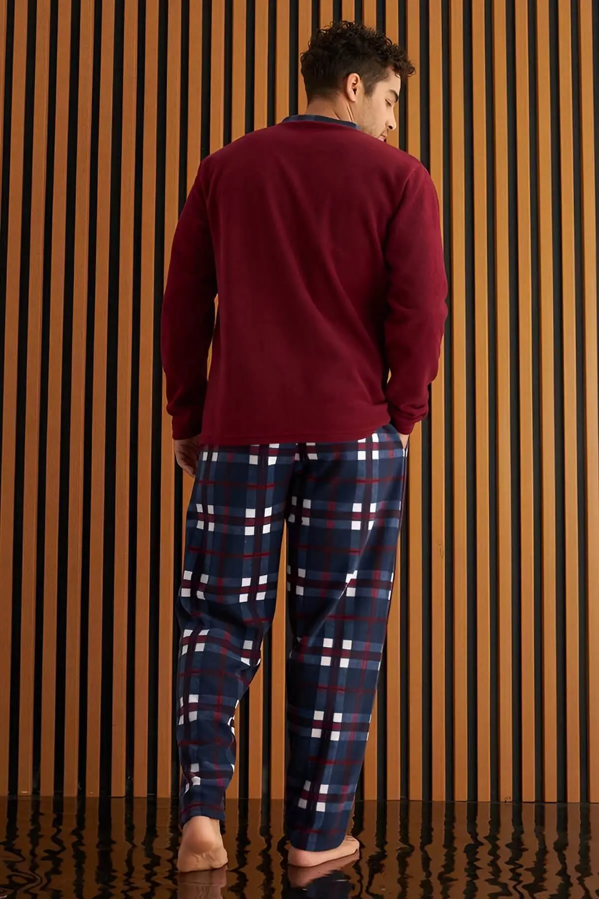Bordo Lacivert Ekose Desenli Polar Erkek Pijama Takımı