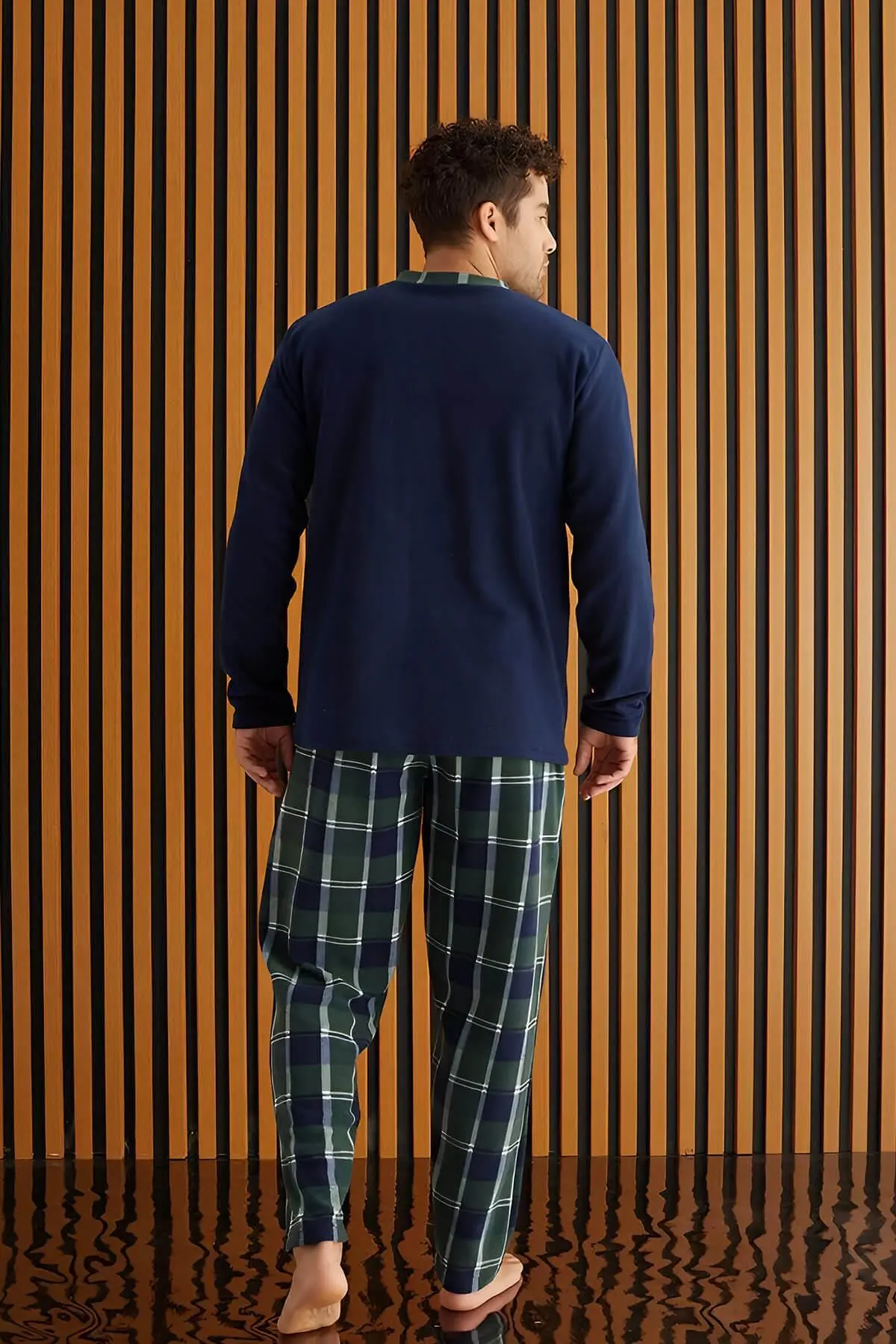 Yeşil Lacivert Ekose Desenli Polar Erkek Pijama Takımı