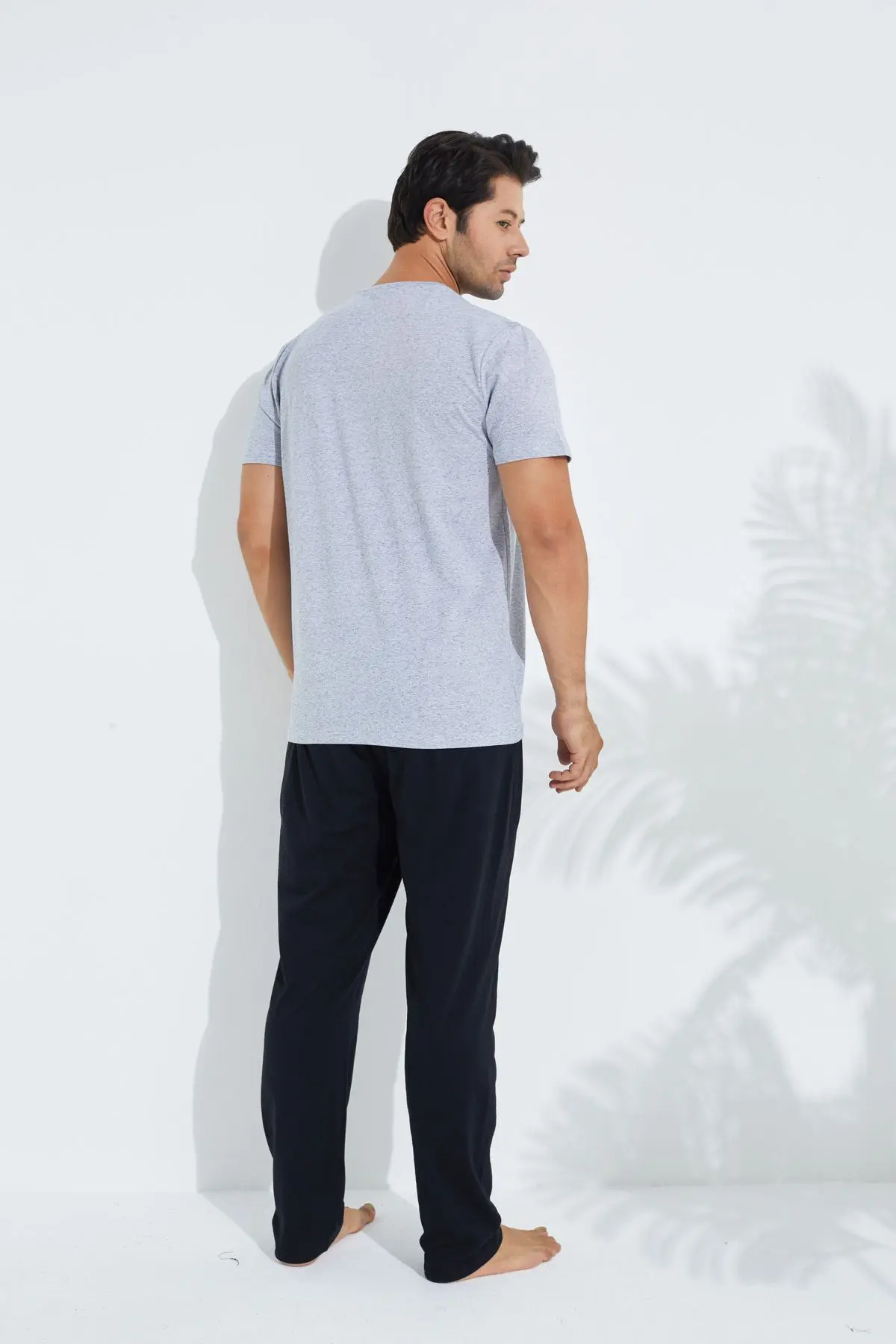 açık gri Kısa Kollu Örme Erkek Pijama Takım 7794